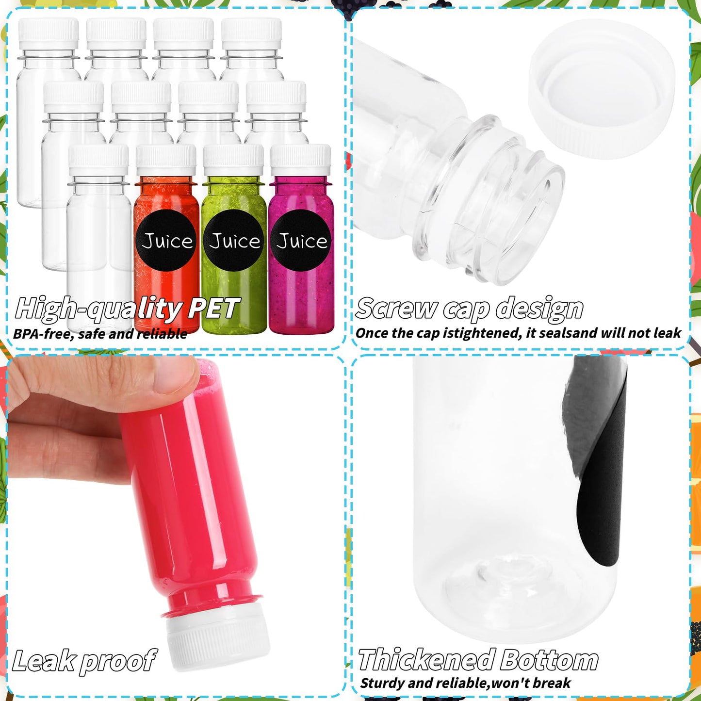 UZLU 165 Pcs 2 oz Small Plastic Juice Bottles with White Caps Mini Clear Ginger Shot Containers with Tamper Proof Lids Reusable Travel Bottles with Funnels Labels for Juice Milk Water Other Beverages