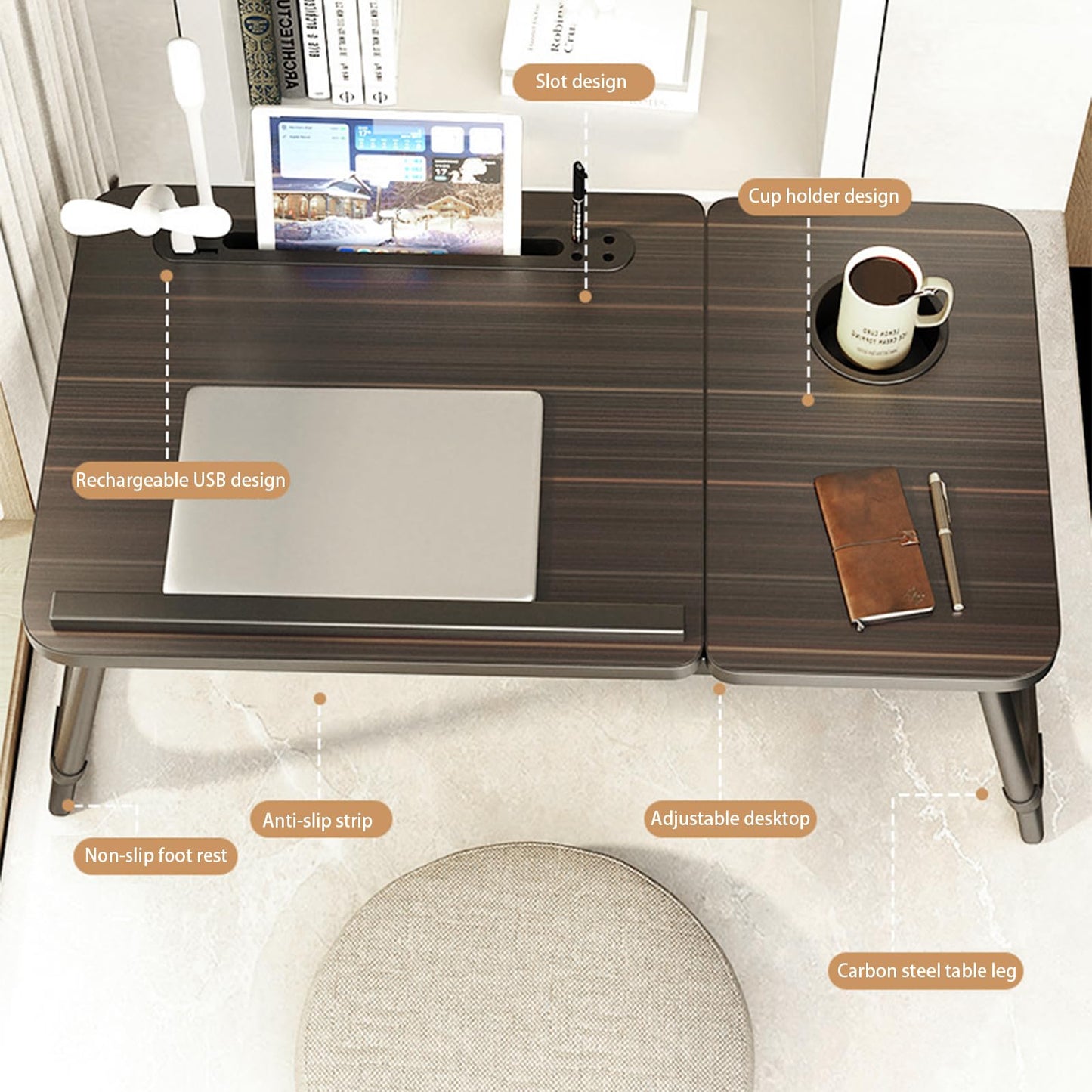 Laptop Desk for Bed, Adjustable Laptop Stand with 5 Adjustable Angles, Portable Lap Tray Table with USB Charge Port and Cup Holder, Laptop Bed Desk Tray for Writing Reading Working