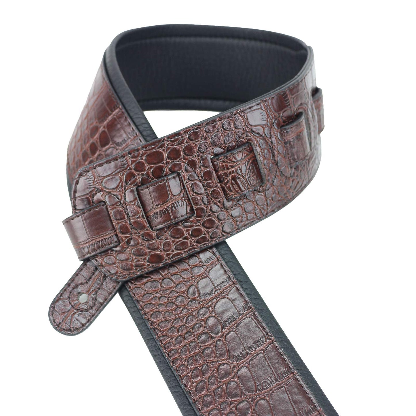 Walker & Williams F-12-C Cognac Brown 3" Wide Alligator Textured Padded Guitar Strap For Acoustic, Electric, And Bass Guitars, Brown With Black Backing, Regular