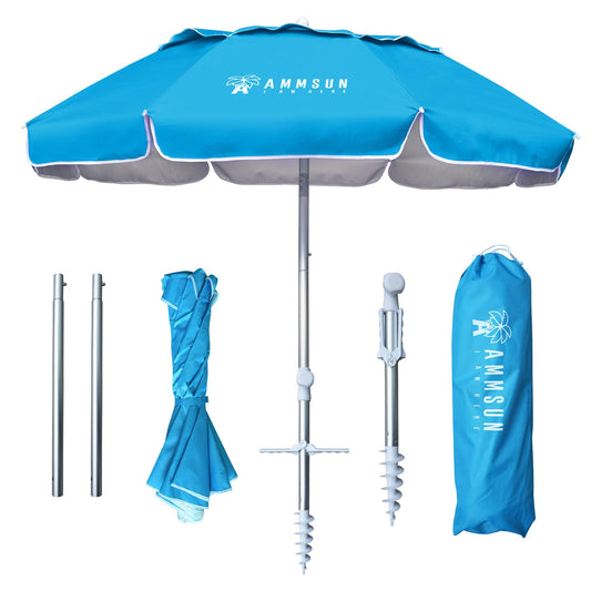 AMMSUN 6ft Folded Travel Beach Umbrella fit in Suitcase with Sand Anchor Tilt Silver Coating Inside UPF 50+UV Protection Portable Compact Foldable beach umbrella for Travel,Sun and Outdoor Sky Blue