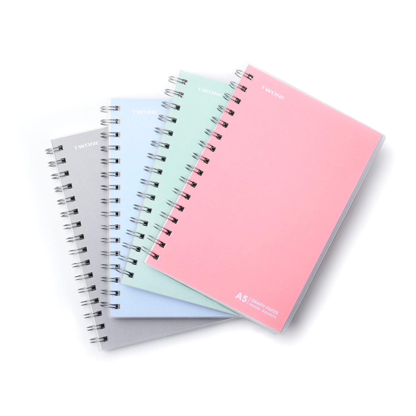 TWONE Math Notebook, Spiral Bound Graph Paper Book with 80 Sheets/160 Grid Paper, 5.5 x 8.25 Inches (4 Pack)