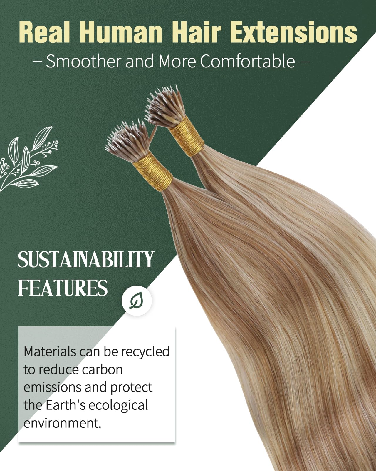 Ugeat Nano Bead Hair Extensions Human Hair Golden Brown Highlights Bleach Blonde Nano Tip Human Hair Extensions for Women Nano Link Hair Extensions Human Hair 18inch 50G 50S