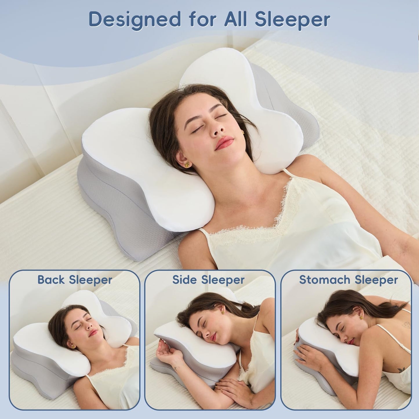 SNUGUP Ergonomic Cervical Neck Pillow, Memory Foam Neck Support Pillow with Contoured Design, Breathable Removable Pillowcase, for Side Back Stomach Sleepers, White