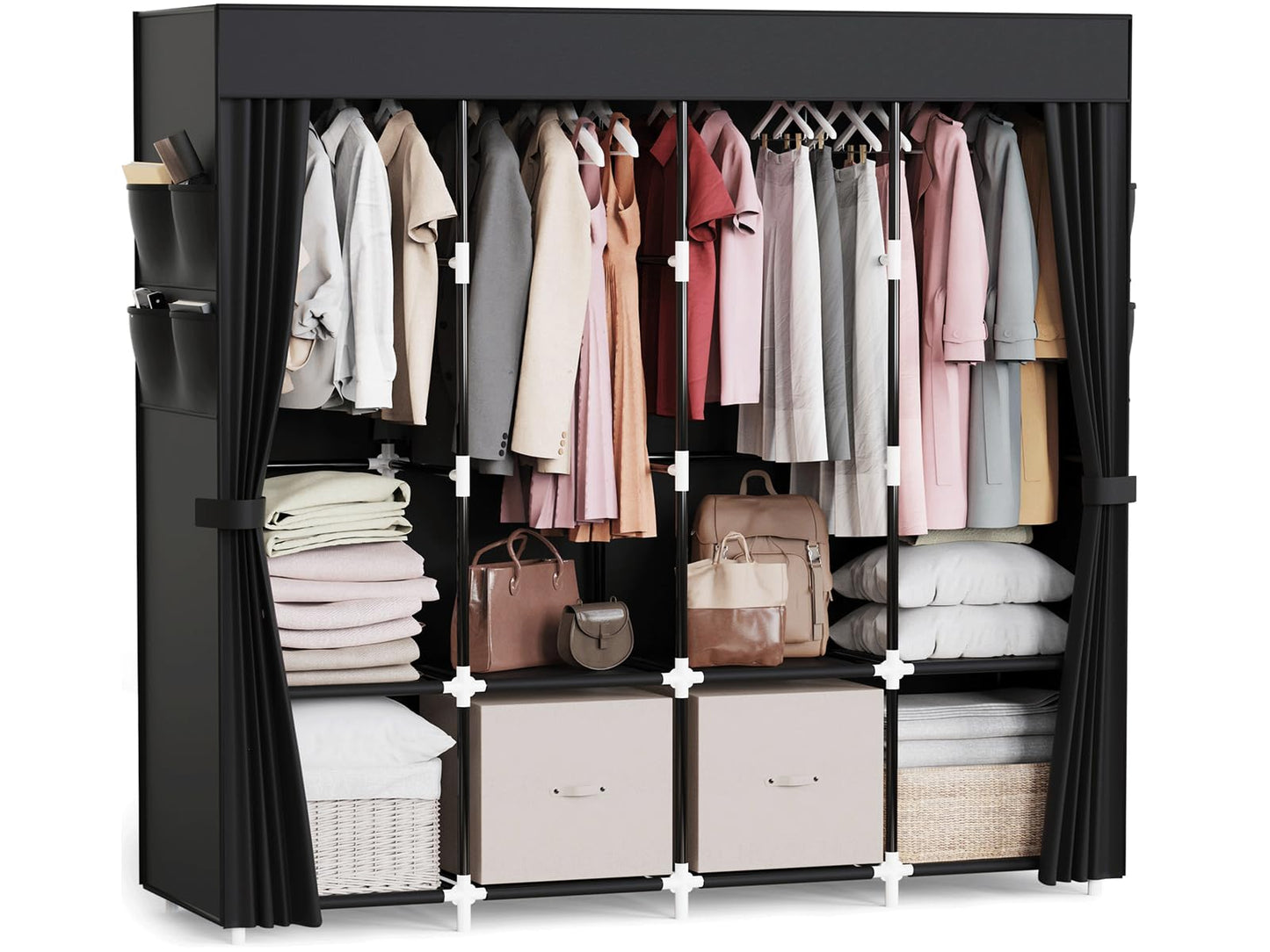 Mavivegue Wardrobe Closet with 4 Hanging Rods, Portable Closet Wardrobe, Non-Woven Fabric Cover, Closet Organizers for Bedroom and Living Room, Black, 67" W x 17" D x 67" H