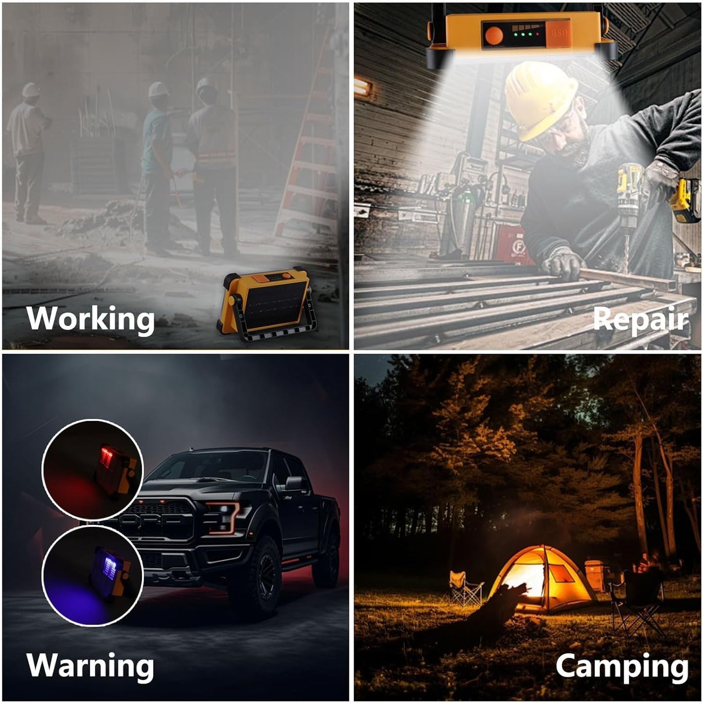 2 Pack 120W Solar Rechargeable Work Light, 144 LED 10000LM Portable Flood Light with Stand, IP66 Waterproof Power Bank 4 Modes LED Job Site Lighting Flashlights for Mechanic Camping Fishing Car Repair