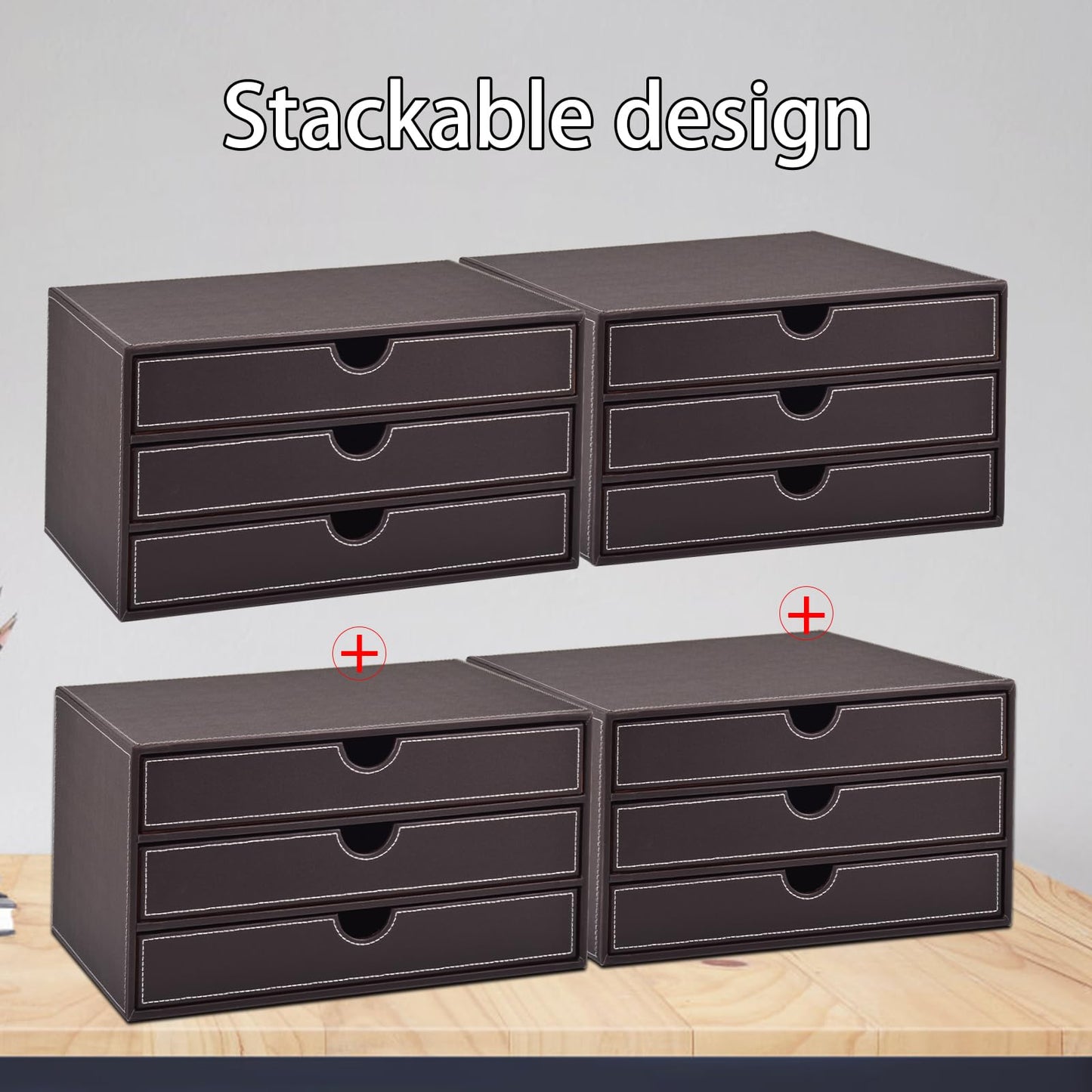 Faux Leather Desk Organizer with3 Drawers Executive Office Supplies Desktop Filing A4 File Cabinet/Holder,Stackable Storage Box for Jewelry/Bill/Paper/Documents/Makeup Home Decor Accessories(Brown)