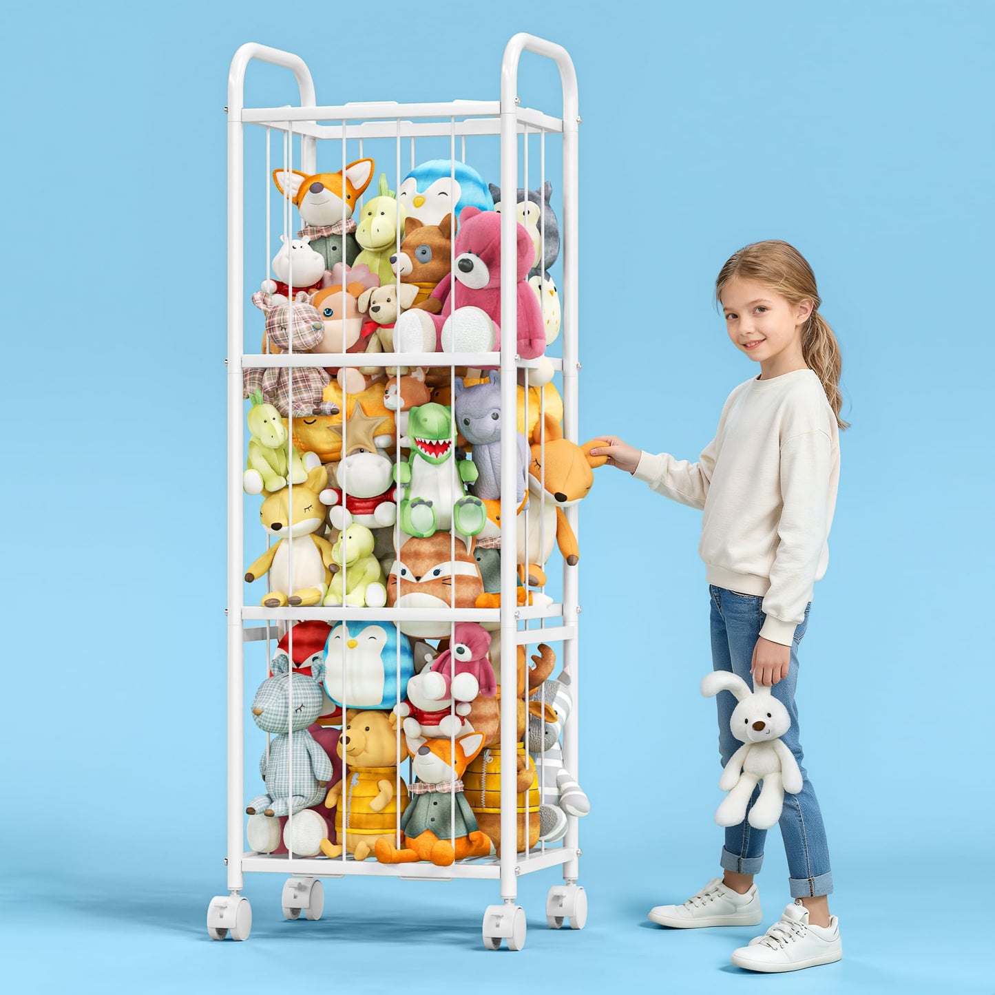 Stuffed Animal Storage with Brake Wheels,Metal Tube Toy Storage Organizer Extra Large Stuffed Animal Holder, Stuffed Animal Zoo Organizer for Nursery Playroom Kids Room White(53.5” x 18.1”x 13”)