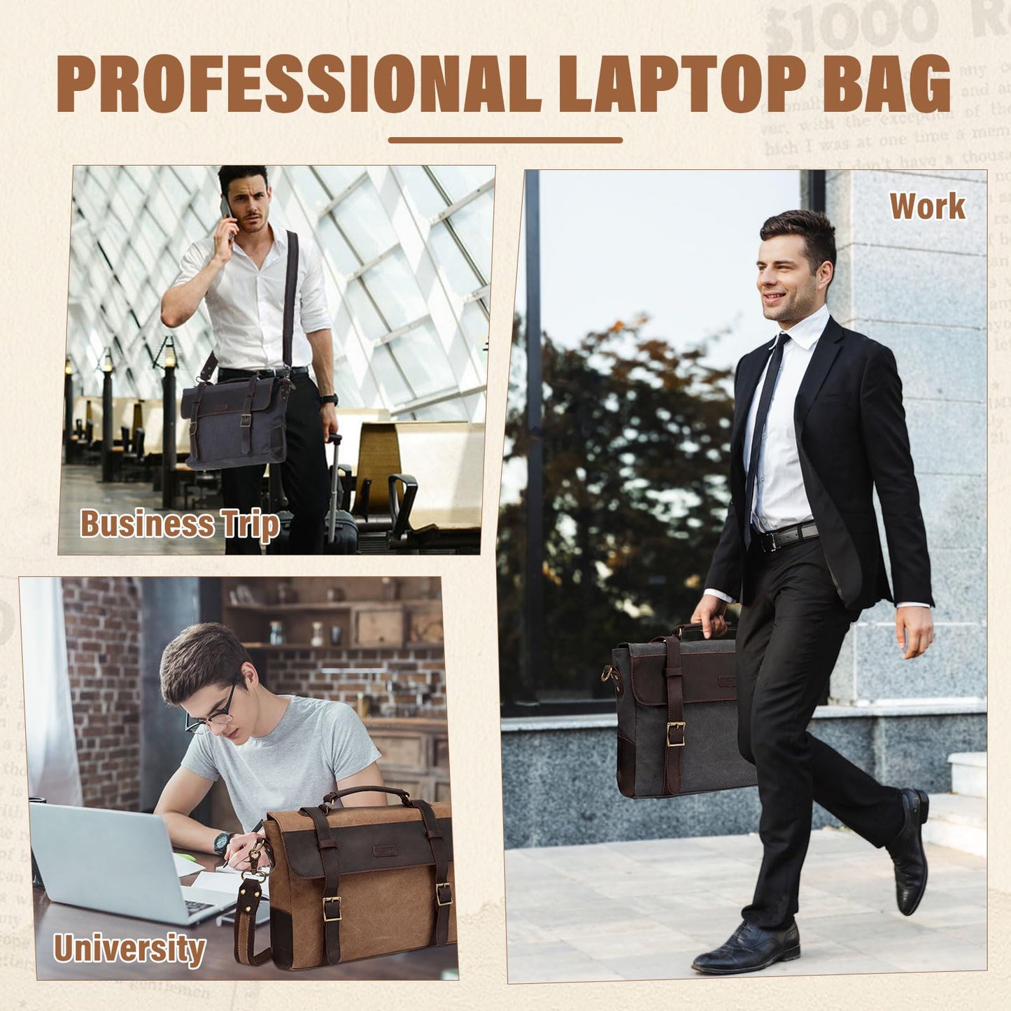 Messenger Bag for Men,Vintage Canvas Leather Canvas Laptop Satchel Shoulder Bag Business Briefcase, Gray-fits 14inch Laptop, Fits 14in Laptop