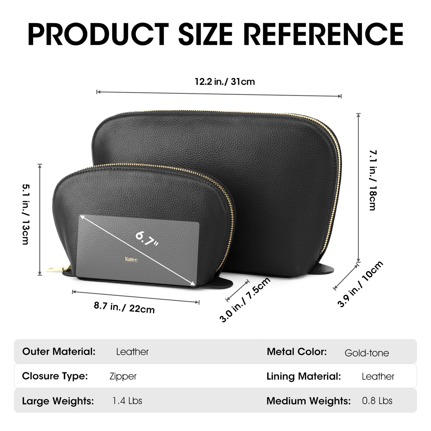 Kattee Leather Makeup Bag, Travel Cosmetic Bag Set, Toiletry Bag Organizer for Women, 2-Pack, Black