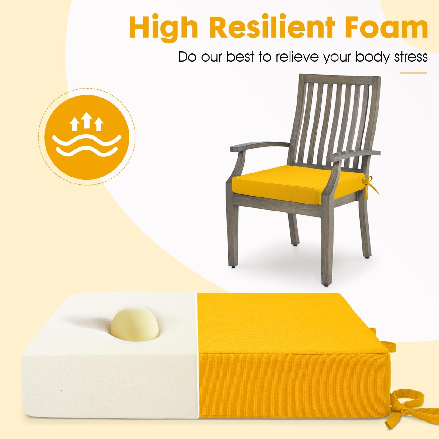 LA COUSSIN Outdoor Chair Cushions Fade Water Resistant, Patio Furniture Cushions with Non-Slip Ties,Square Cushions for Outdoor Furniture and Lawn Dining Chairs (Yellow, 18.5X16X3-4 Pack)