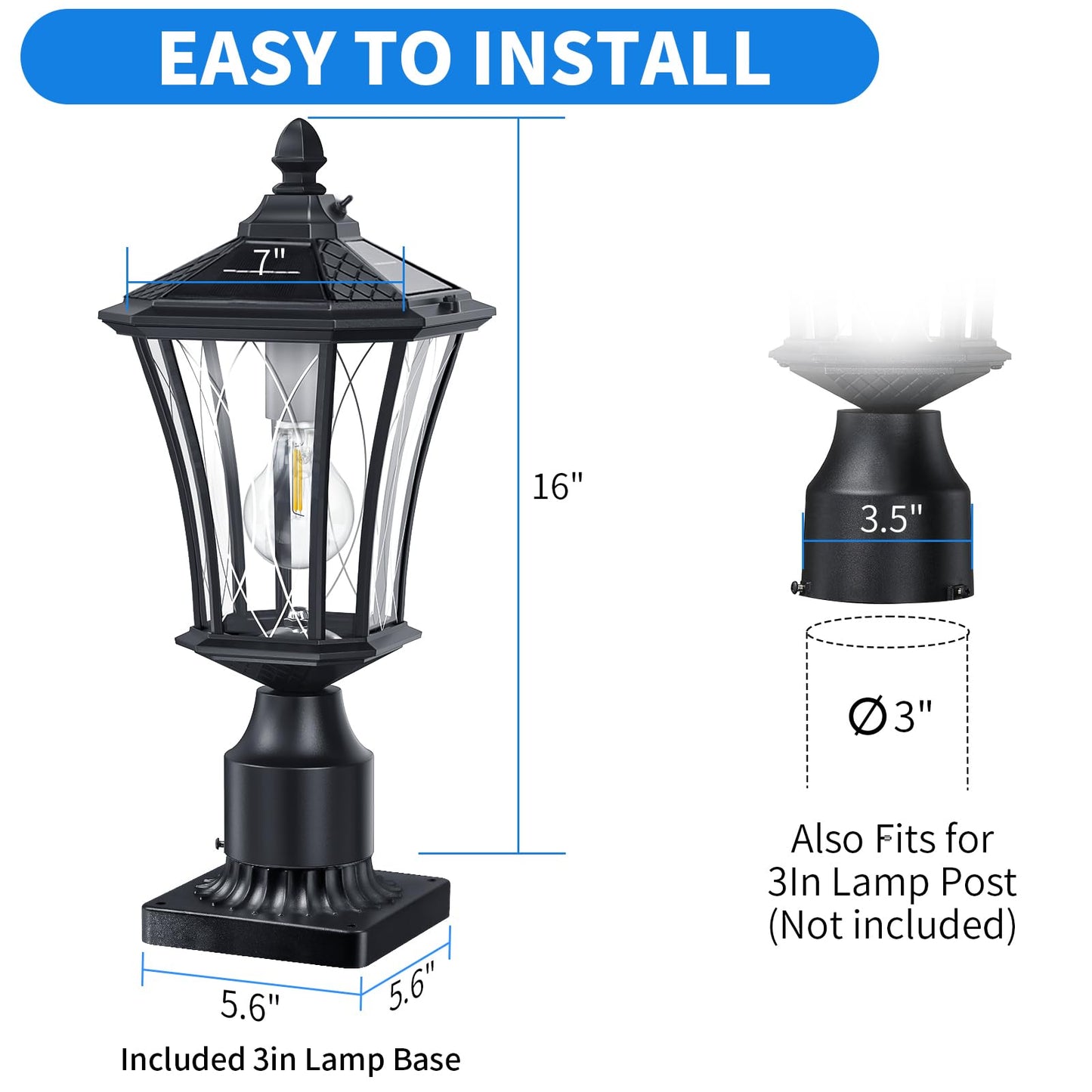 YSN 16" Solar Post Lights Outdoor, Dusk to Dawn Outdoor Post Lights with Pier Mount Base, Black Solar Lamp Posts Light Fixture, Waterproof Light Posts for Outside Yard Garden Patio, 1 Pack