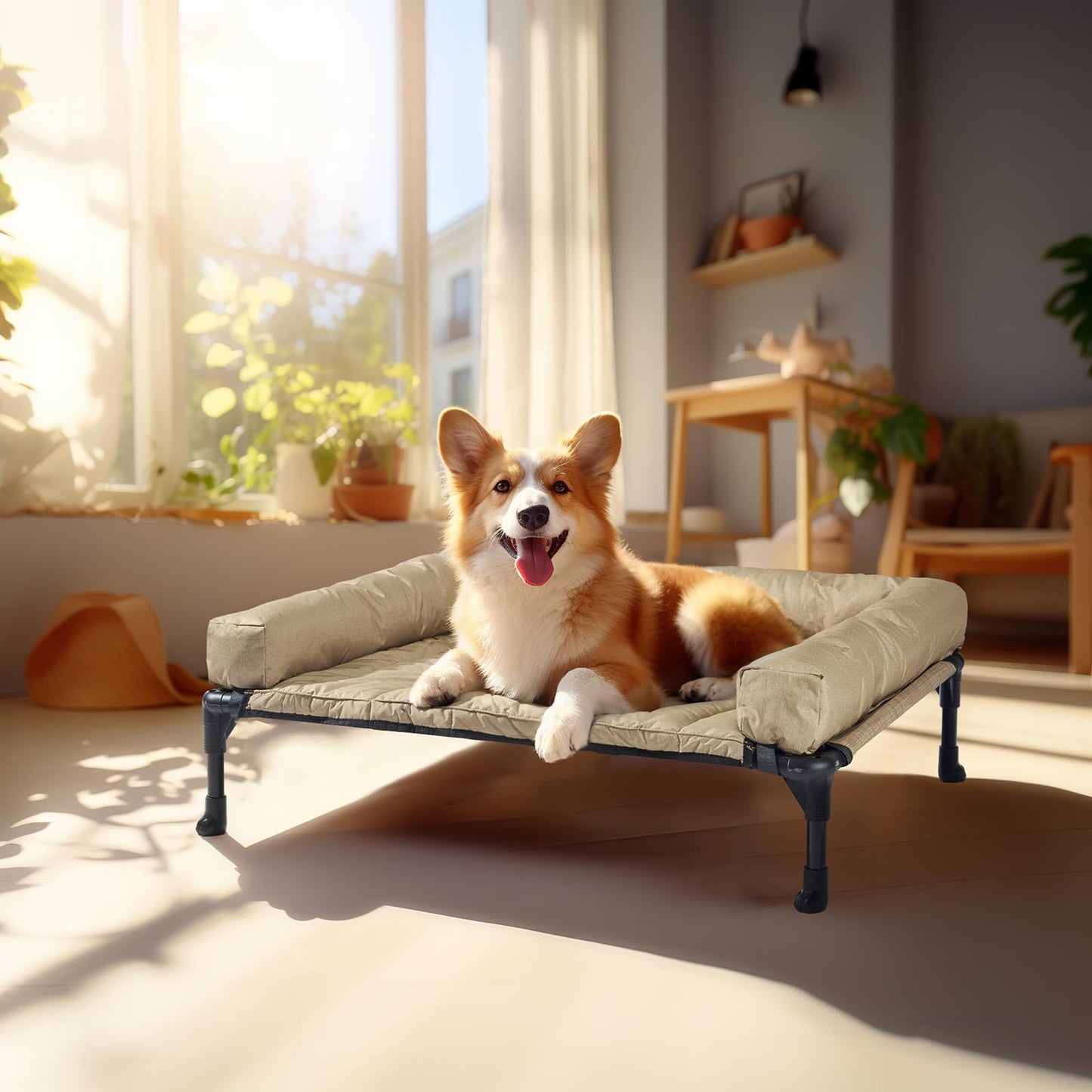 Veehoo Elevated Dog Bed, Lifted Dog Ded Add Waterproof Removable Pillow-Top Mat, Raised Pet Cot with Breathable Mesh, No-Slip Feet, Bolster Dog Cot Bed for Indoor & Outdoor, 81 x 64 cm, Beige