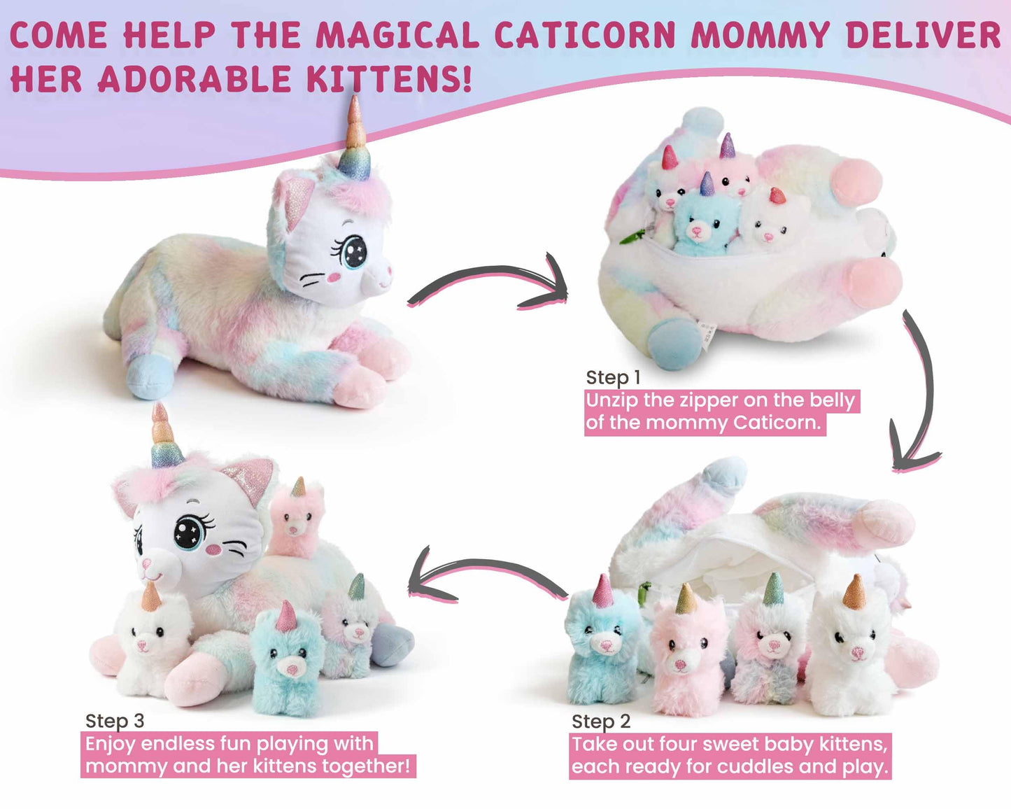Chirpy Chums Dreamy Unicorn Cat Family – 16” Magical Unicorn Cat Plush with 4 Kittens – Ultra-Soft Stuffed Animal, Zipper Belly Surprise – Magical Pillow Plushies, Big Plush Toy Gift for Kids Ages 3+