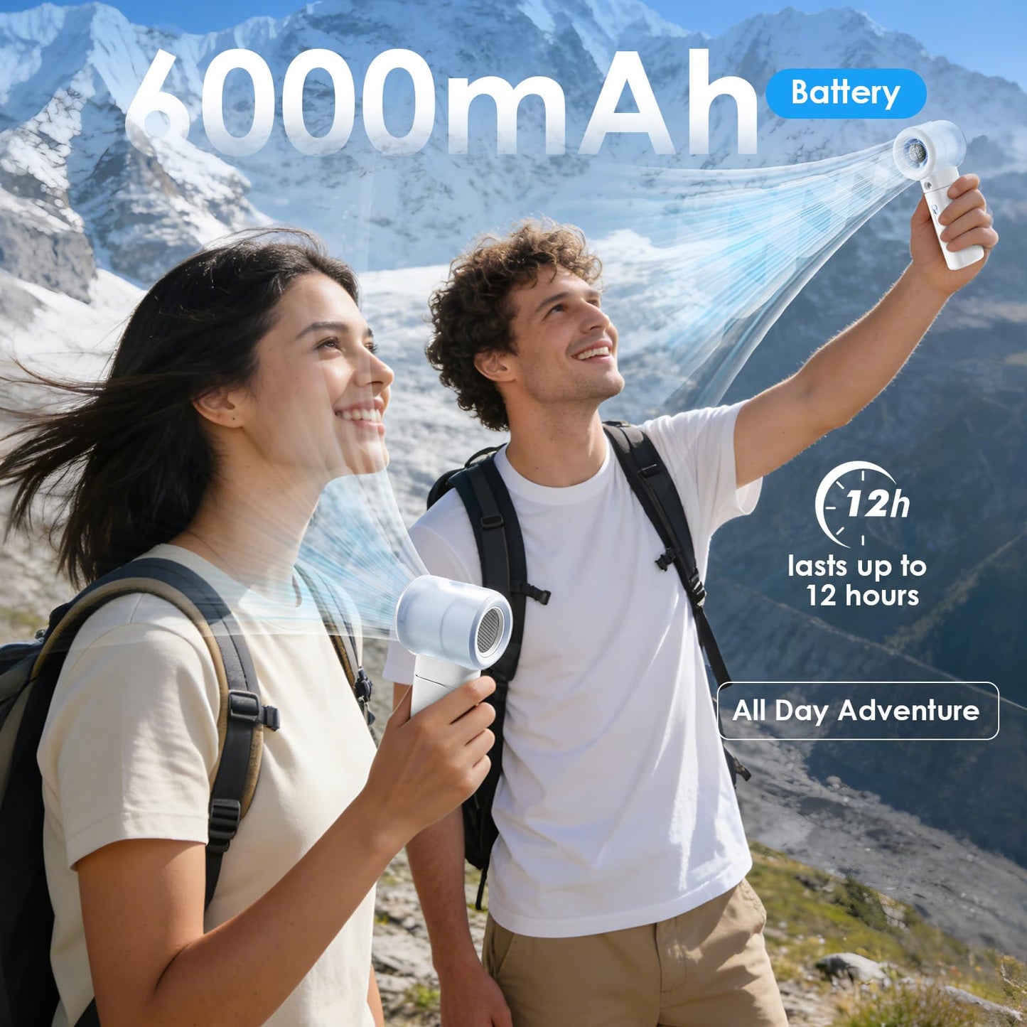 Karcusiny Portable Misting Fan Handheld Powerful Turbo Fan, 100 Speeds, 6000mAh Rechargeable Battery, LED Display, Spray Mist Personal Mini Fan for Travel, Beach, Outdoor Camping (Matte White)