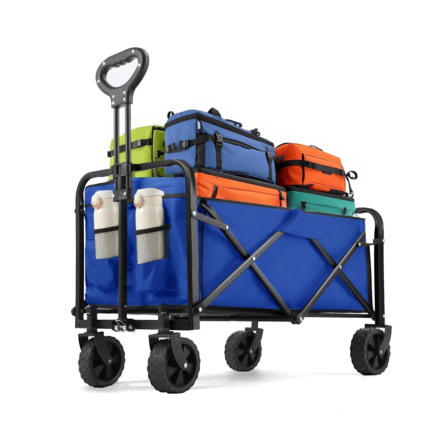 Pasamic Collapsible Wagon 380 lbs, Heavy Duty Wagon Carts Foldable, Portable Wagons for Groceries, Beach Cart with All-Terrain Wheels & Drink Holders, Utility Wagon for Shopping, Camping, Blue