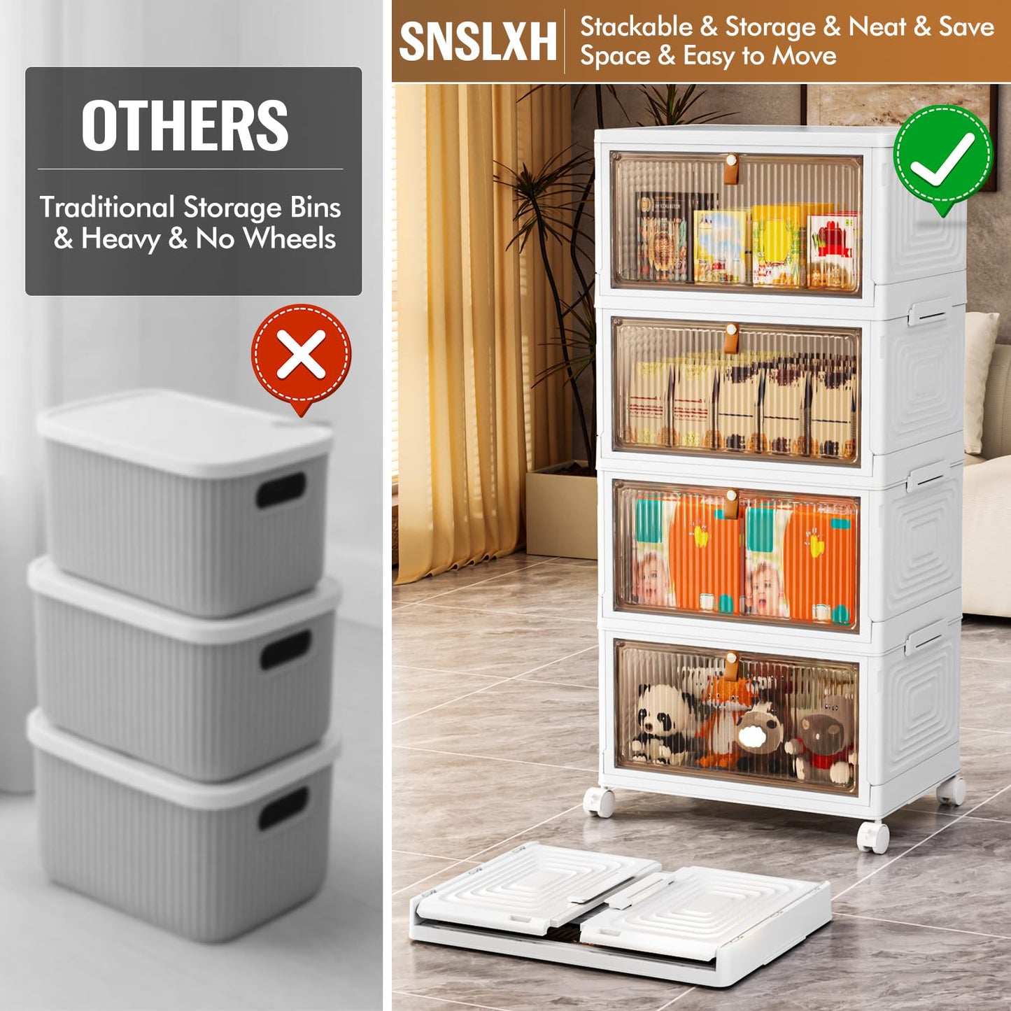 SNSLXH 4 Tier Plastic Storage Bins with Lid 23QT, Stackable Storage Containers with Wheels, Folding Storage Box, Stackable Storage Bins, Closet Organizers and Storage for Living Room,Office,Dorm