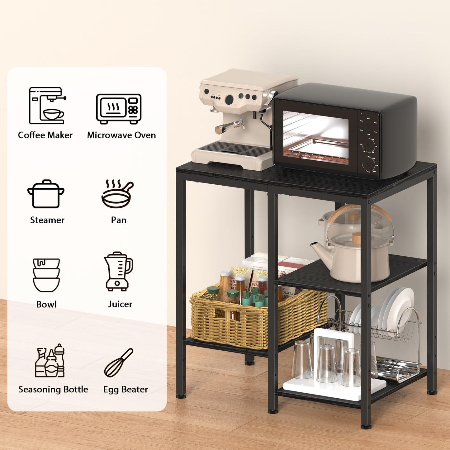 Kitchen Microwave Stand,4-Tier Adjustable Bakers Rack,Multi-Purpose Kitchen Storage Cart for Coffee Station,Space-Saving Metal Appliance Shelf for Living Room (Black)