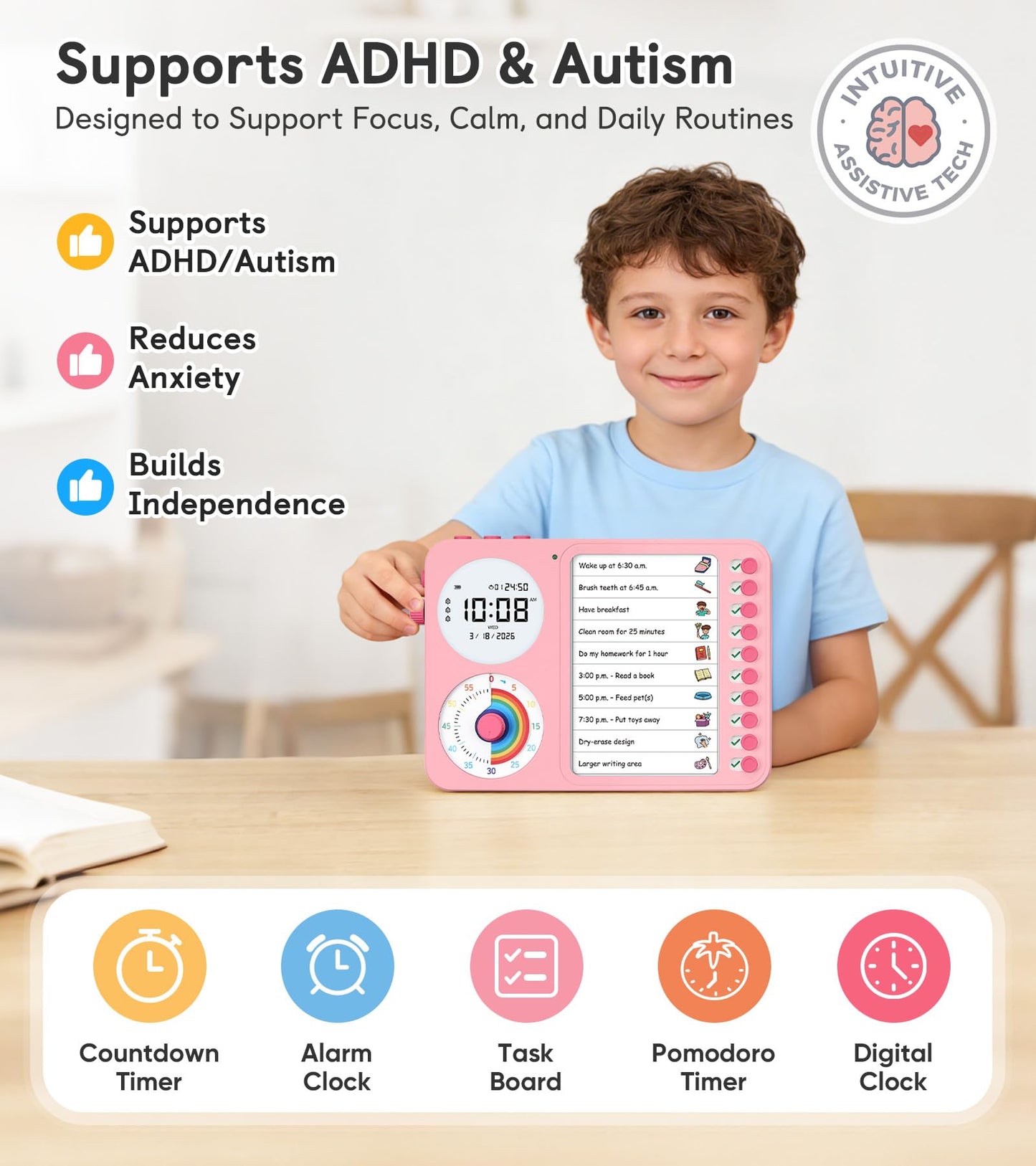 3-in-1 Visual Timer & ADHD Tool for Kids – ADHD Task Timer for Adults with Visual Schedule, Chore Chart & Planning Board for Home, School, Classroom, Work (Pink)