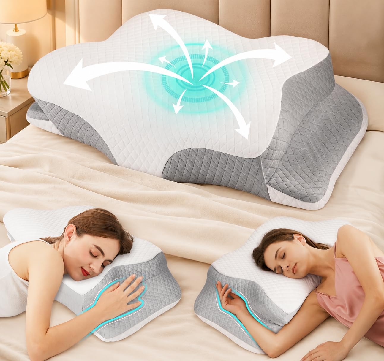 Cervical Pillow for Neck Pain Relief, Memory Foam Neck Support Pillow for Sleeping, Ergonomic Orthopedic Contour Bed Pillow with 2 Heights, Breathable Washable Cover for Side Back & Stomach Sleepers