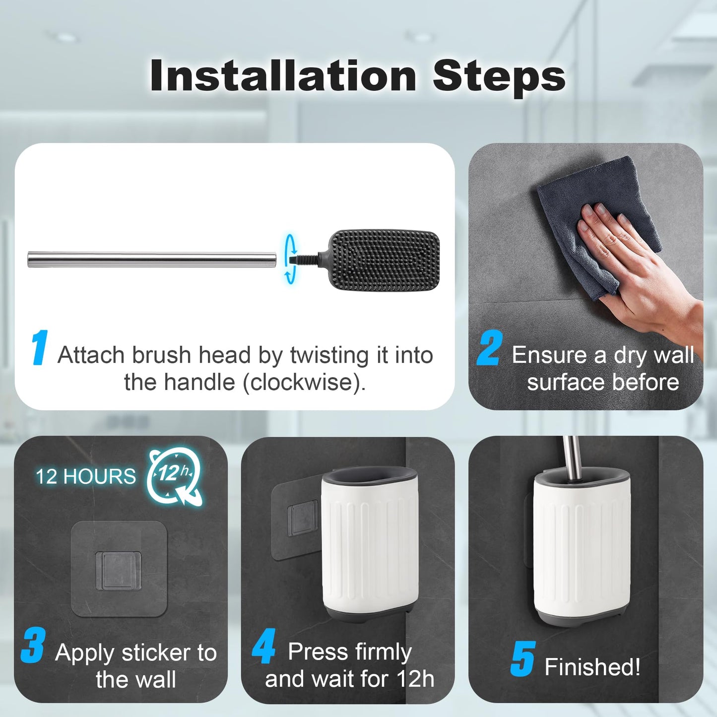 TrashAid Bathroom Trash Can with Toilet Brush - 6 Liter / 1.6 Gallon Bathroom Trash Can with Lid Soft Close + Silicone Toilet Brush and Holder Set, White Bathroom Accessories, Set of 2