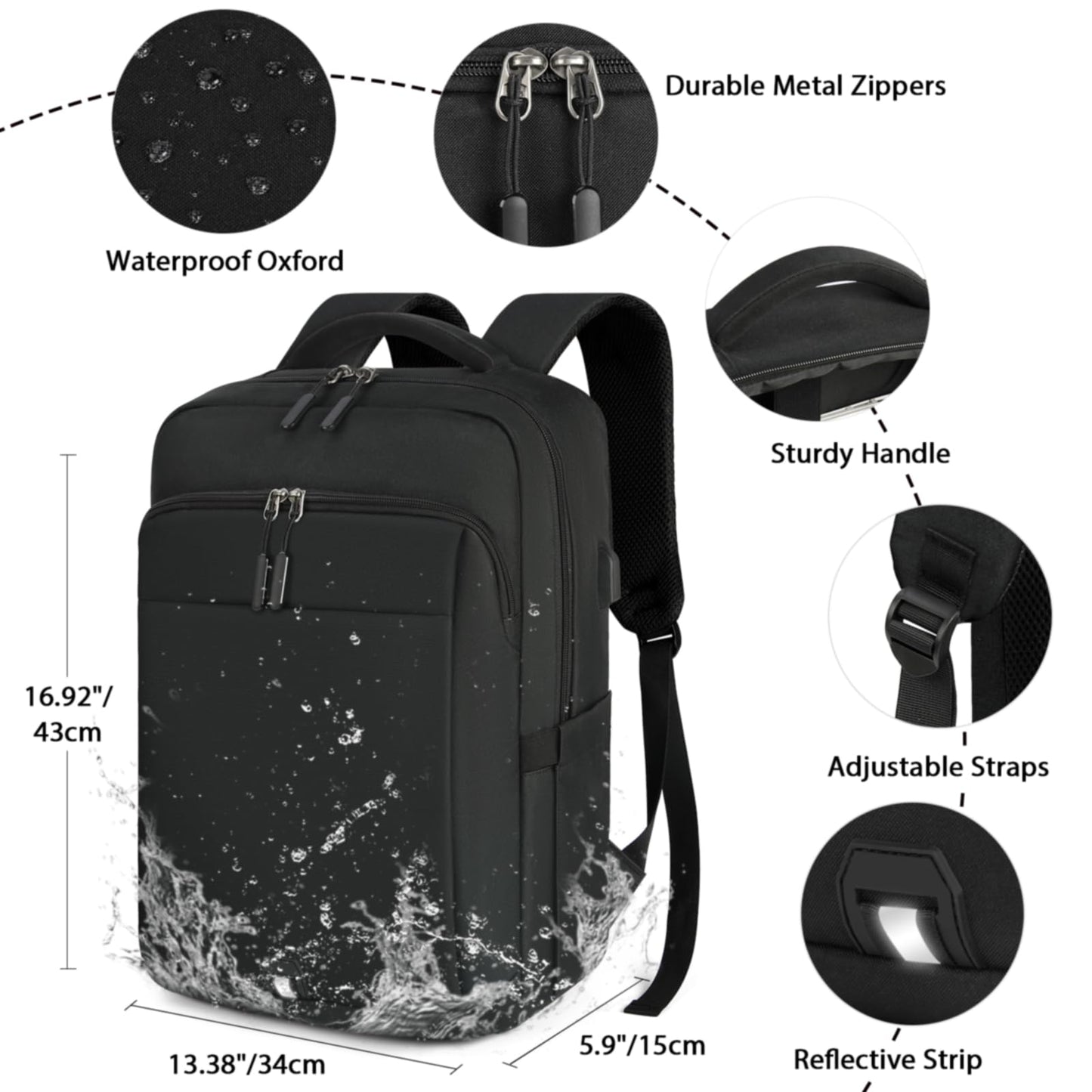 Laptop Backpack 15.6 inch Travel Backpack for Men and Women Anti Theft Backpacks with USB Charging Port Large Waterproof Computer Backpack for Work School, Black