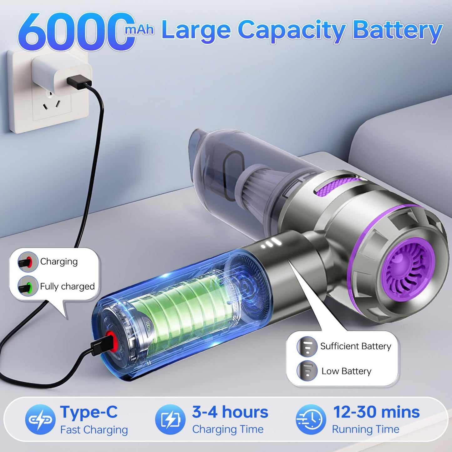 BOLYDOOM Handheld Vacuum Cordless, Car Vacuum Cleaner 16000PA Powerful Mini Hand Vacuum Cleaner 3 Gear Small Vacuum with Battery Indicator, Brushless Portable Vacuum Cordless for Car/Home