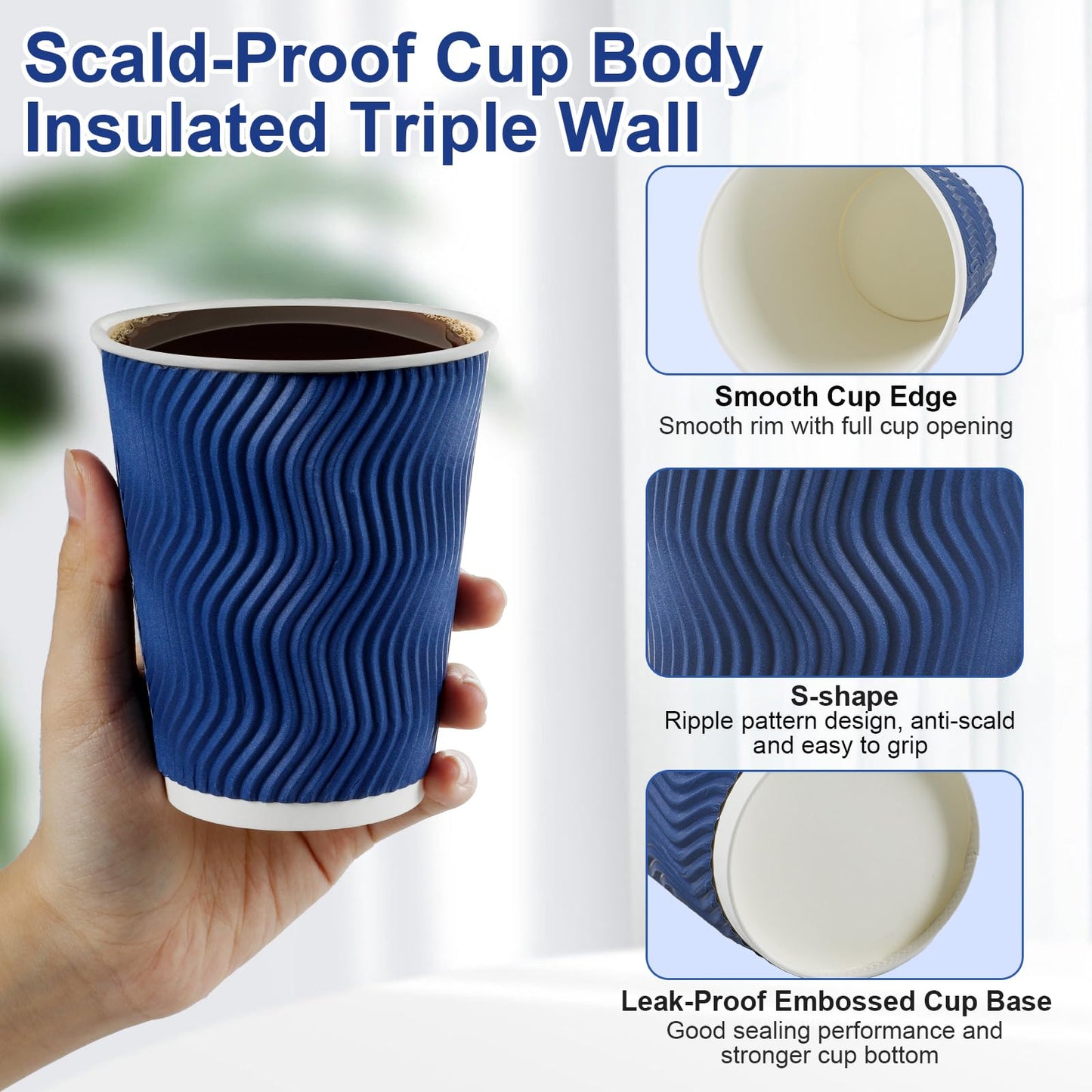 Coffee Cups, RAZCC 120 Pack 12 oz Disposable Insulated Paper Cups, Corrugated Kraft Ripple Wall Cup Suitable for Hot and Cold Drinks