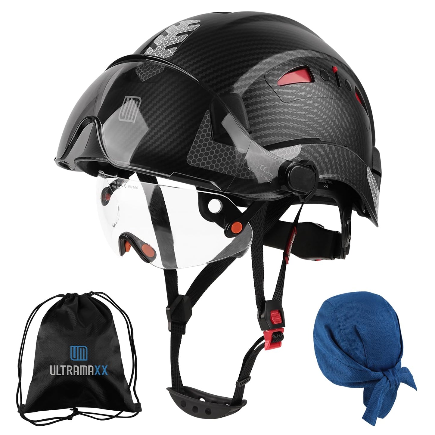UM ULTRAMAXX Safety Helmet with Build-in Visor, Hard Hat with Vented Design, ANSI Z89.1 Certified, Ideal for Industrial and Construction (Black Carbon Fiber)