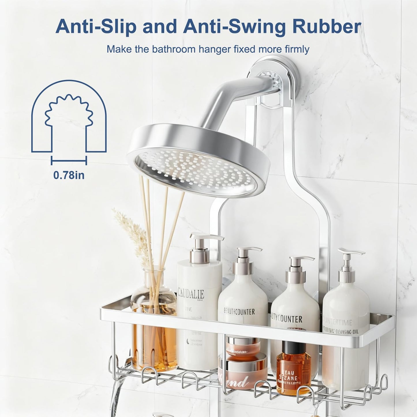 Shower Caddy Hanging, Bathroom Organizers Shelves over Shower Head, Anti-Swing Shower Organizer Shower Shelf, Hanging Shower Caddy with Hooks