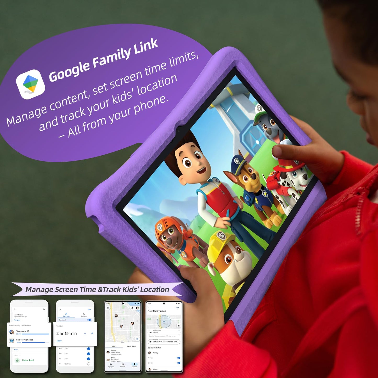 2025 Upgraded Kids Tablet, 10 Inch Android 15 Tablet for Kids with EVA Shockproof, 8-Core, 12(4+8) GB RAM 64GB Storage, Kids Space, Parental Control, WiFi, BT, Plimpton Kids20 (Purple)