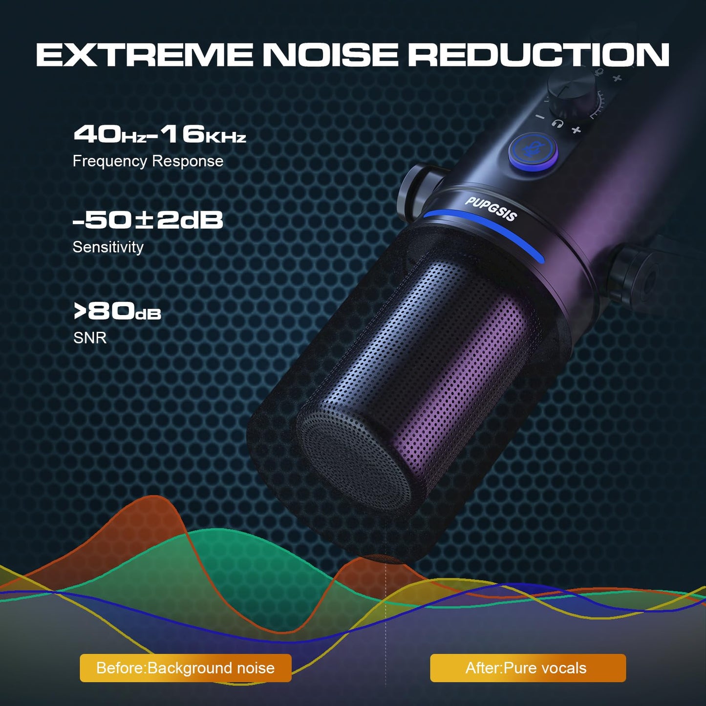 PUPGSIS USB/XLR Dynamic Microphone, 24Bit/96kHz Studio Recording, Gaming Mic with RGB, Mute, Noise Cancellation & Headphone Jack for PC, Podcast, Streaming, Singing (Black)