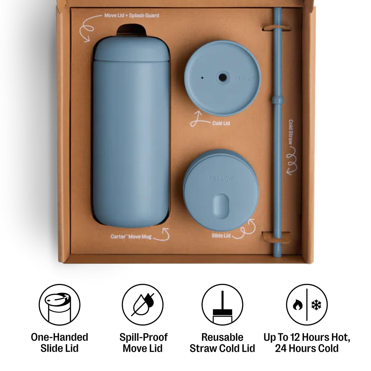 Fellow 16 oz Carter Bundle (3 in 1) Travel Mug with Slide-Lock, Move & Cold Lids with Straw - to-Go Coffee Tumbler, Ceramic Interior & Vacuum-Insulated Stainless Steel - Coffee Cups-Hazy Blue