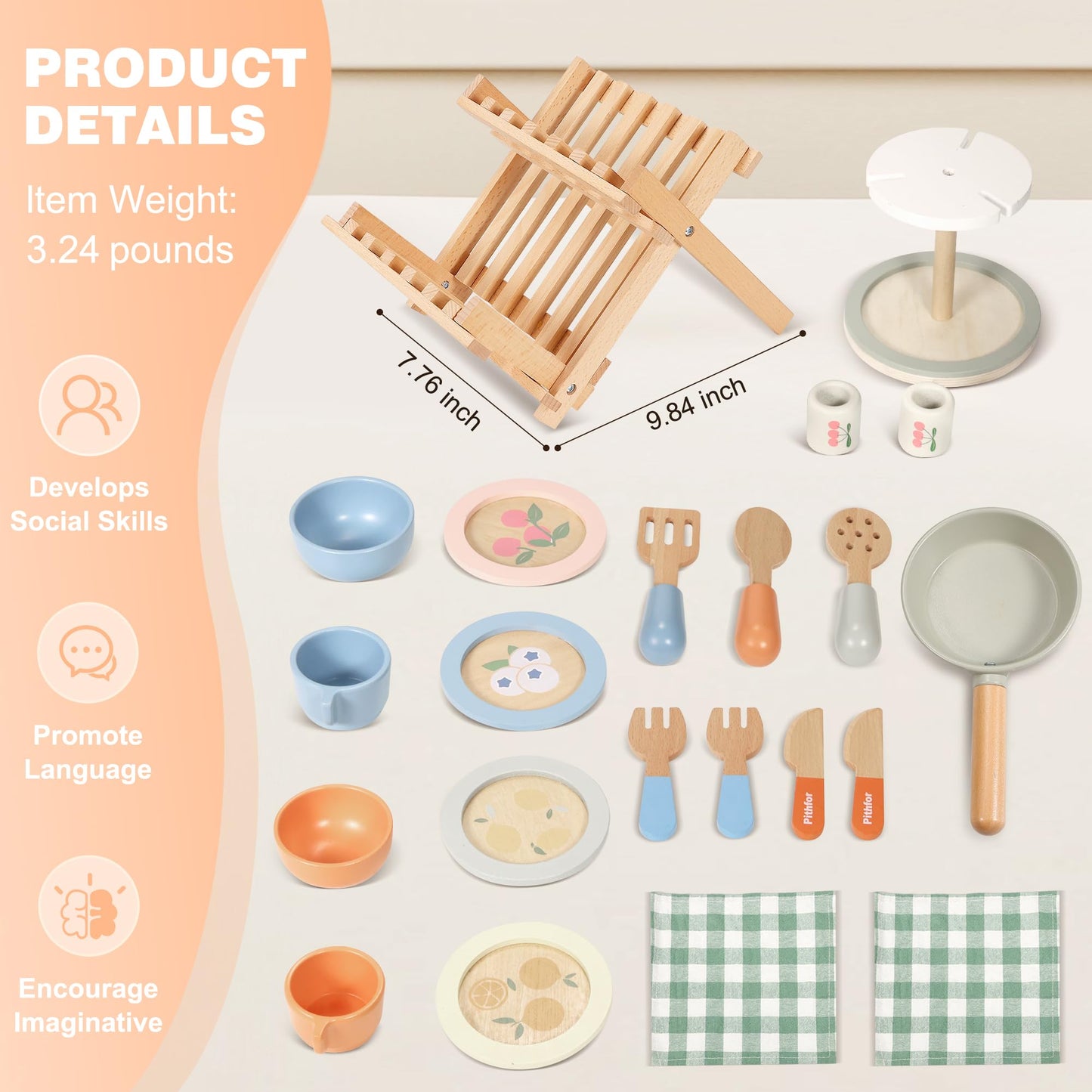 Pithfor Wooden Play Cookware Set, Pretend Play Kitchen Accessories Toys Set for Kids Toddlers, Including Play Dishes, Pan, Tableware, Utensils
