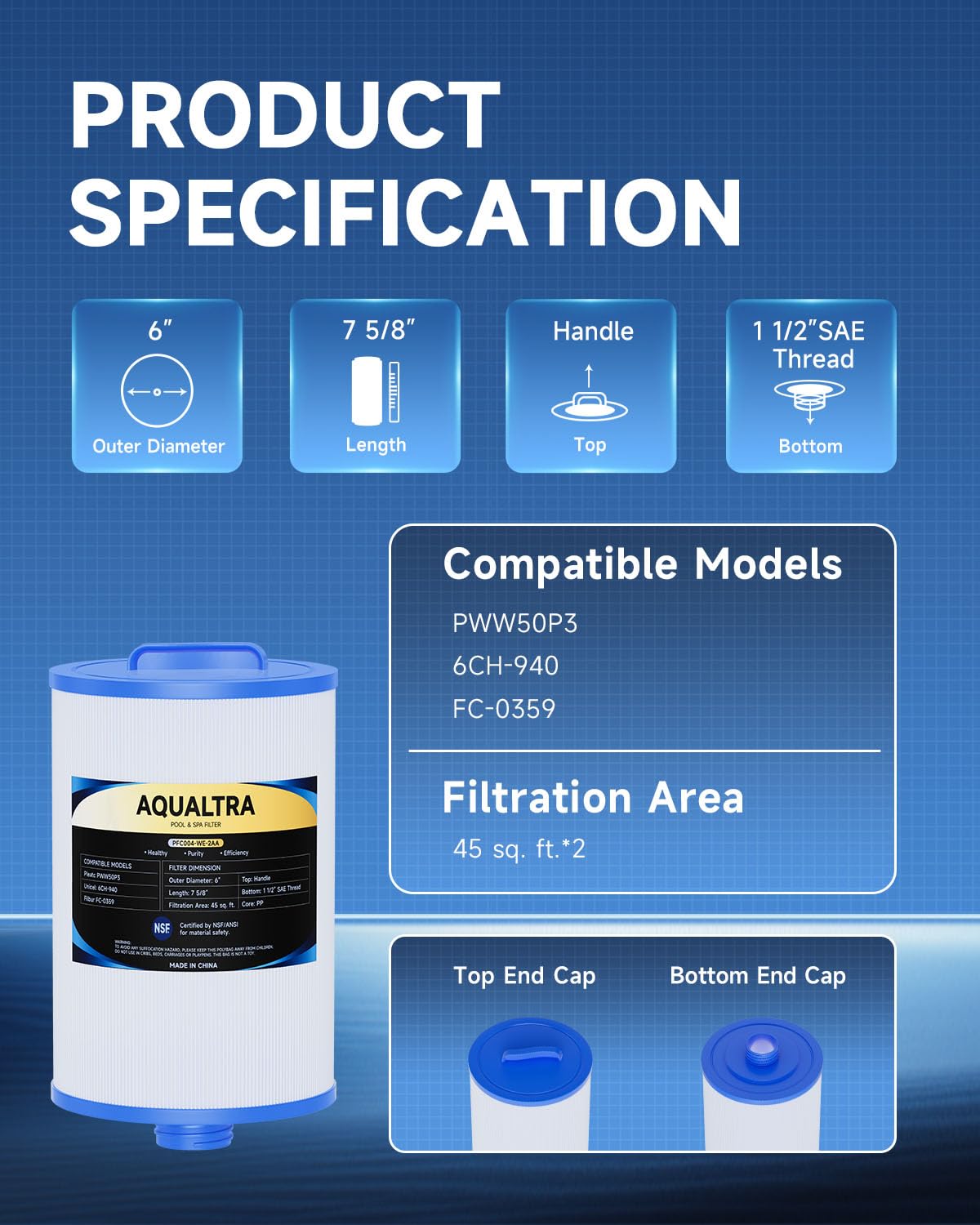 AQUALTRA Spa Filter Replacement Compatible with PWW50P3(1 1/2" Coarse Thread), 6CH-940, FC-0359, Waterways 817-0050, 7 5/8" x 6" Screw in SAE Thread Hot Tub Filter 2 Pack