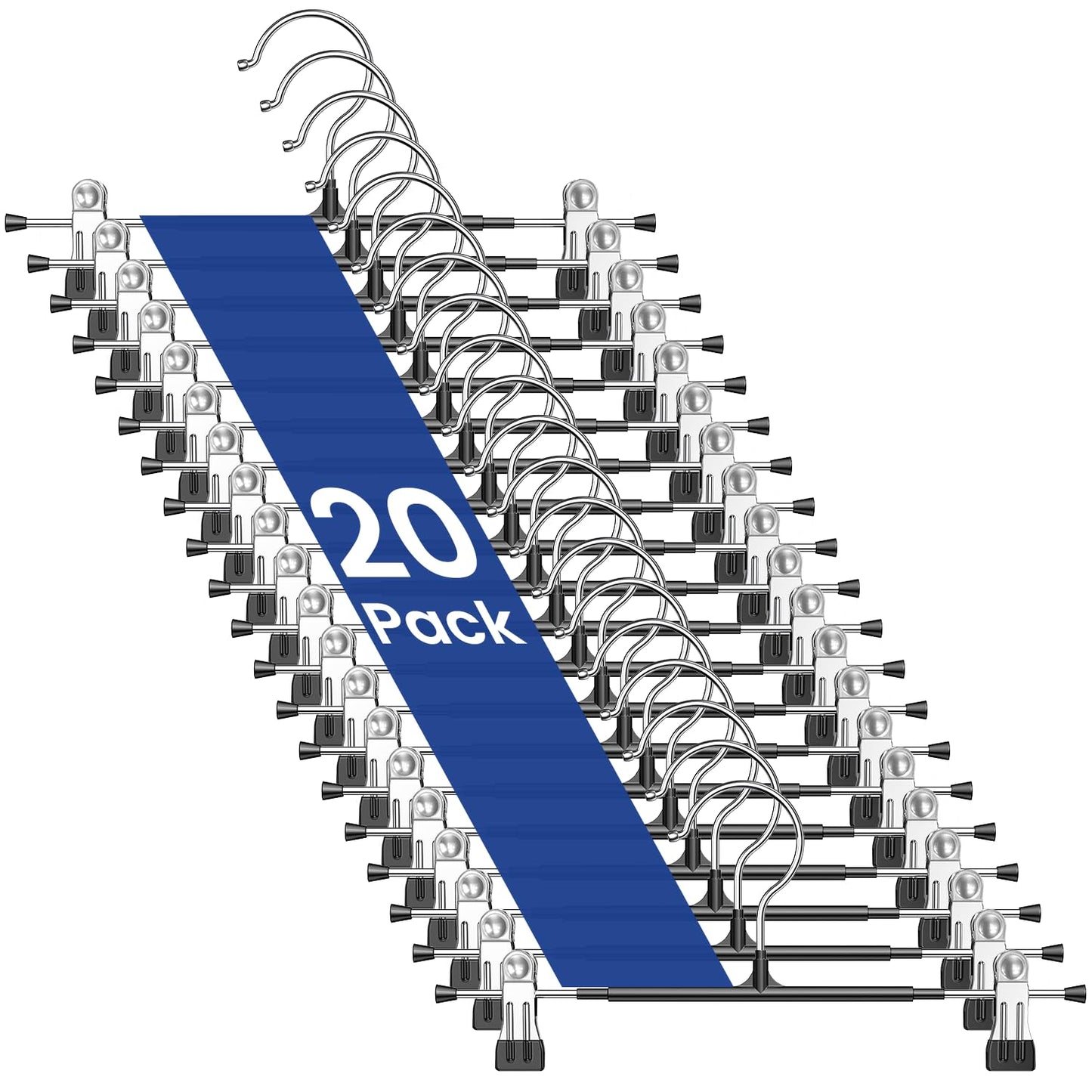 Pants Hangers with Clips Skirt Hangers 20 Pack, Space Saving 12Inch Adjustable Hanger Heavy Duty Non-Slip for Trousers, Jeans, Clothes, Shorts (Black, 20Pack)
