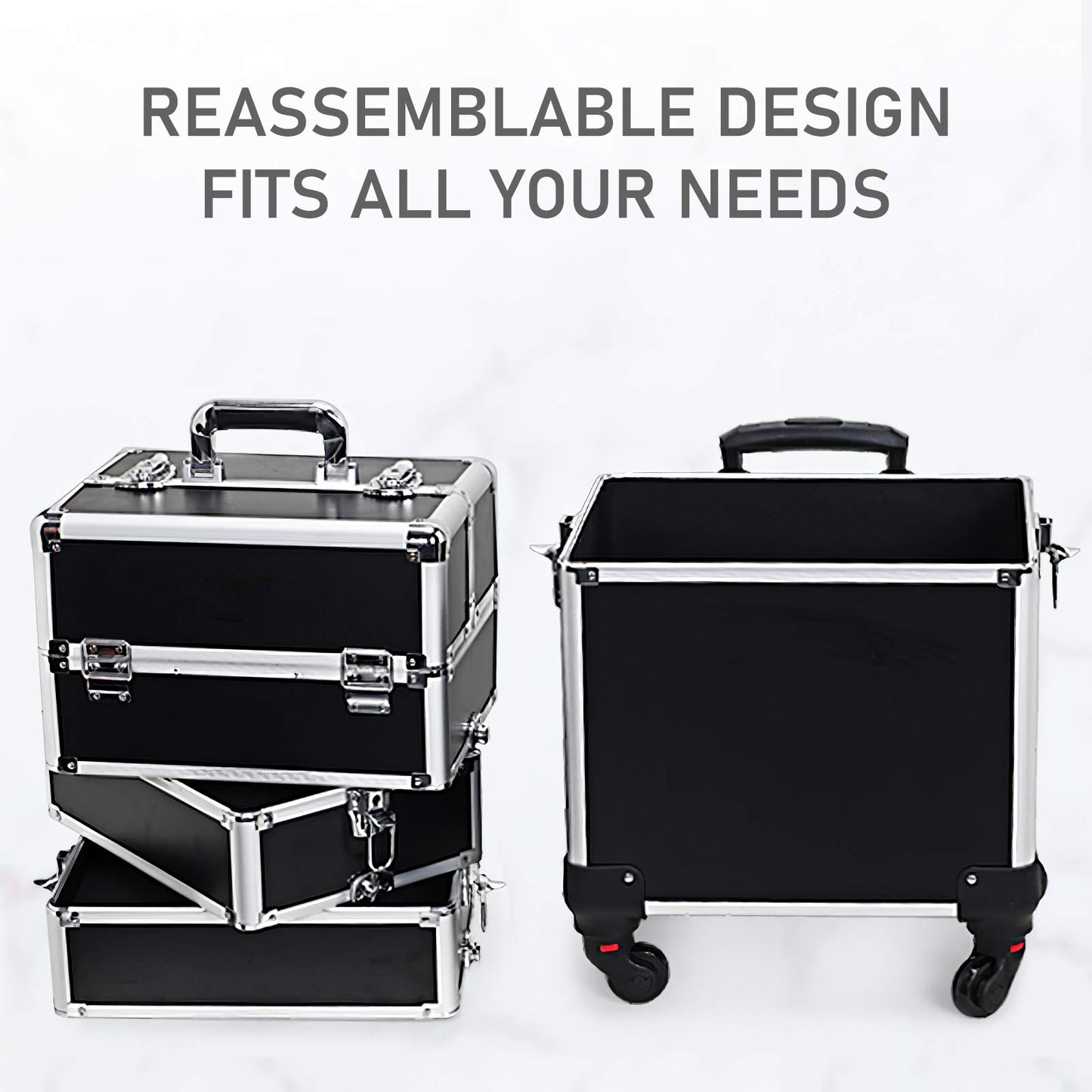 4 in 1 Rolling Makeup Case Professional Cosmetic Trolley, Aluminum Makeup Train Case with 360° Swivel Wheels, Lockable Storage Organizer for Beauty, Salon, Travel, Jewelry