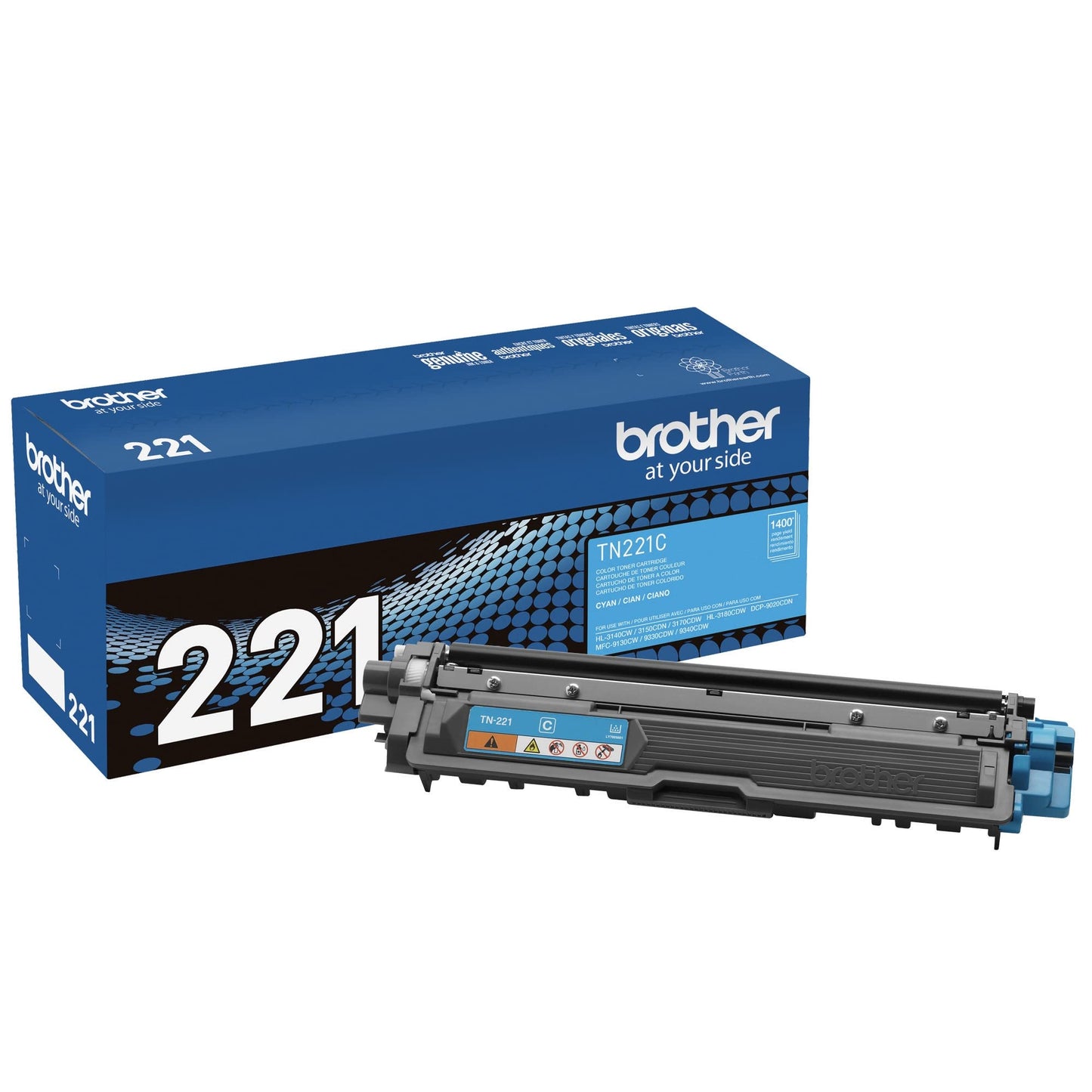 Brother original TN221C Standard Yield Cyan Toner Cartridge, original toner replacement cartridges, toner for Brother laser printers HL-3140CW, HL-3170CDW, MFC-9130CW, MFC-9330CDW, and more