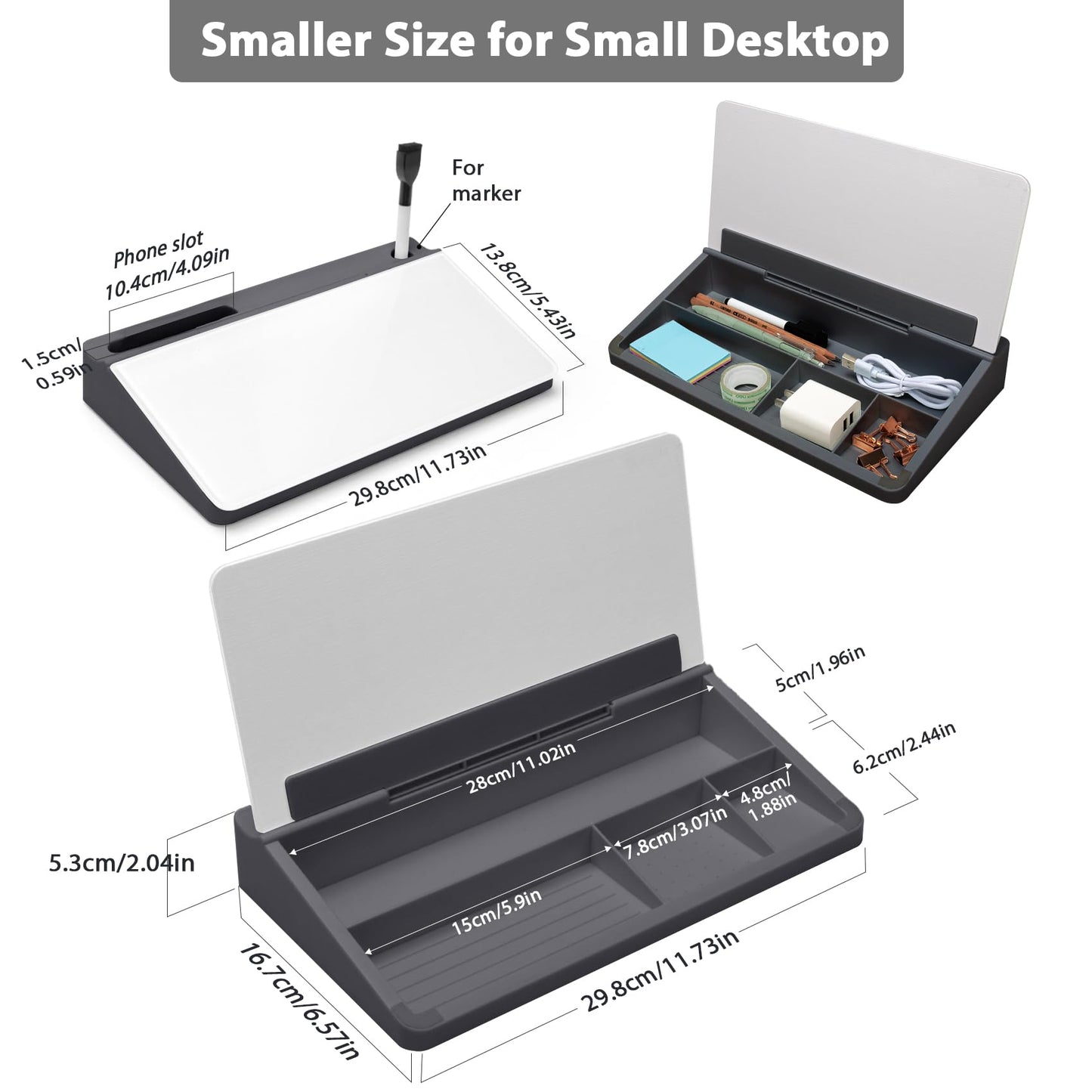 Varhomax Small Glass Desk Whiteboard, Dry Erase Desktop White Board with Storage Caddy to-do List Desk Buddy Memo Notepad for Office, School and Home Office Accessories Supplies (Gray & White)