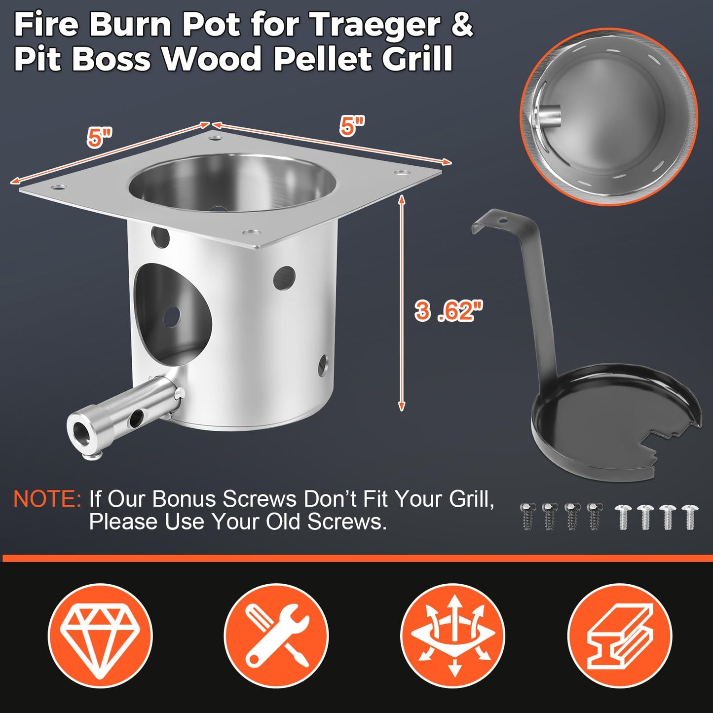 304 Stainless Steel Fire Burn Pot Replacement Parts for Traeger, Pit Boss Pellet Grills, Pellet Grill Replacement Parts for Traeger Pro 22/34, Camp Chef, Z Grills, Fire Pot with Ash Remover & Screws