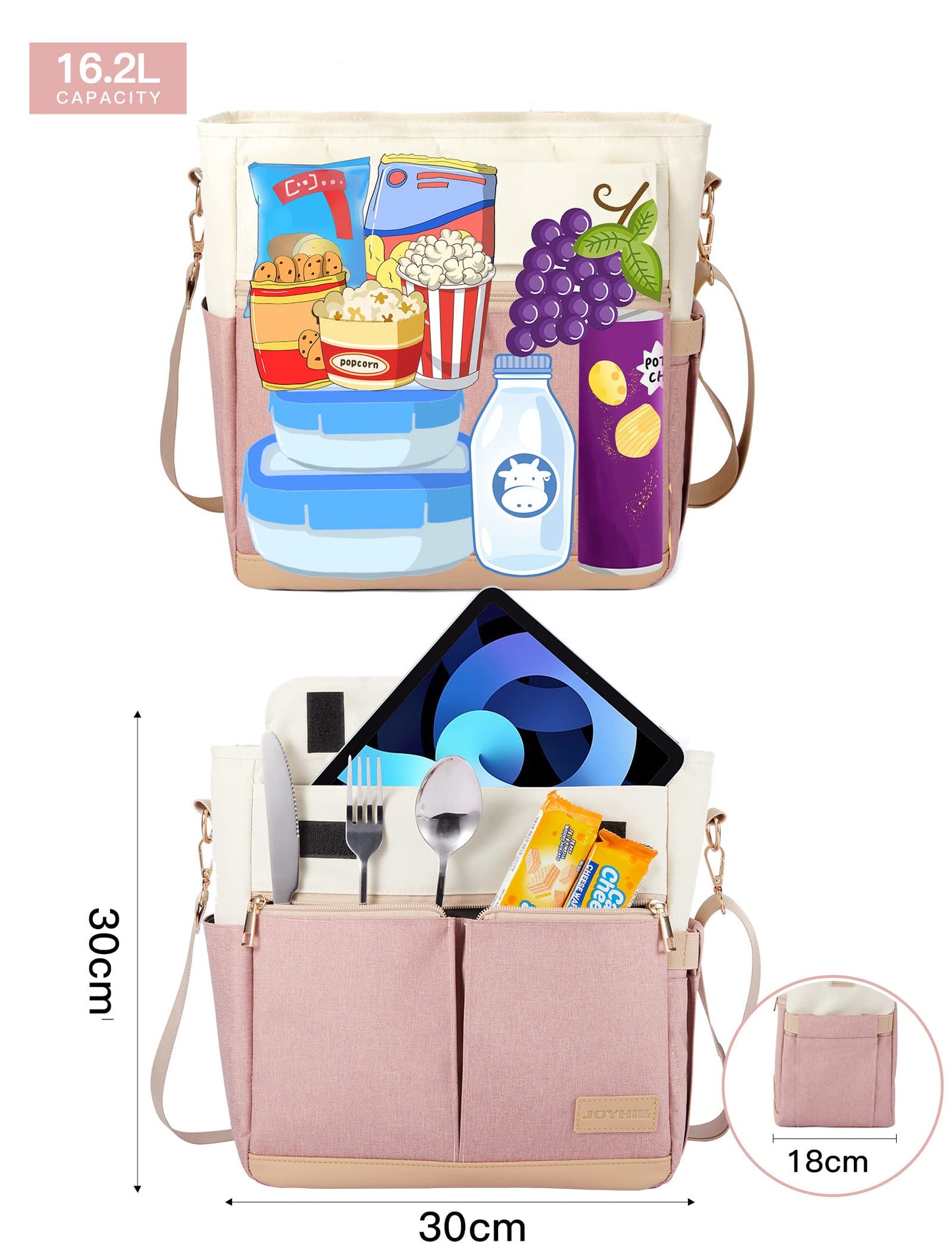 JOYHILL Lunch Bag for Women, Lunch Tote Leakproof Insulated Lunch Box Lunch Container Food Container with Shoulder Strap, Adult Reusable Lunch Cooler Tote Bags for Work Picnic Camping Beach (A-Pink)