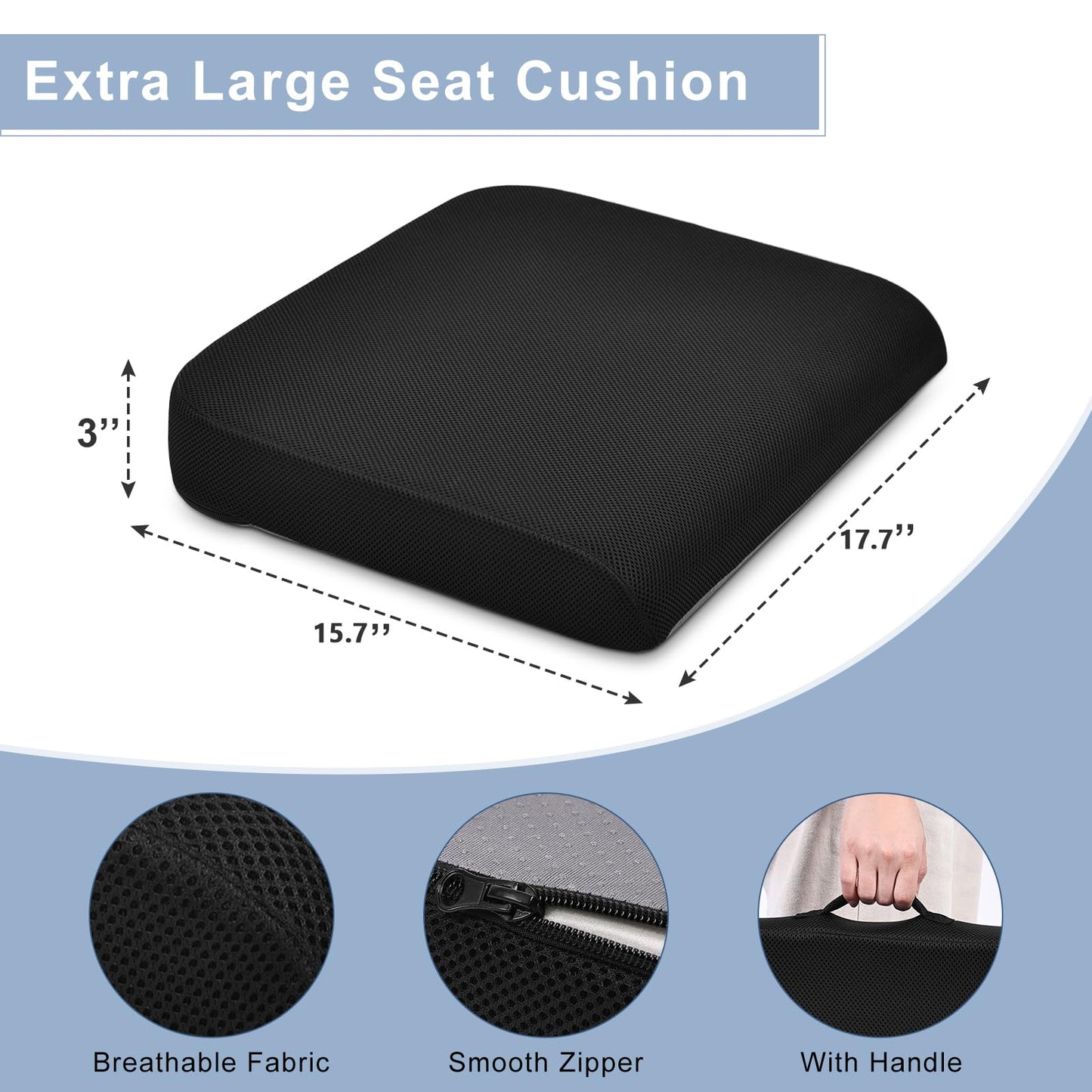 Large Seat Cushion Memory Foam Pressure Relief Office Chair Cushion with Handle 3 inch Thick Non-Slip Butt Pillow for Office Chair Wheelchair Car Seat,17.7 x 15.7 inches