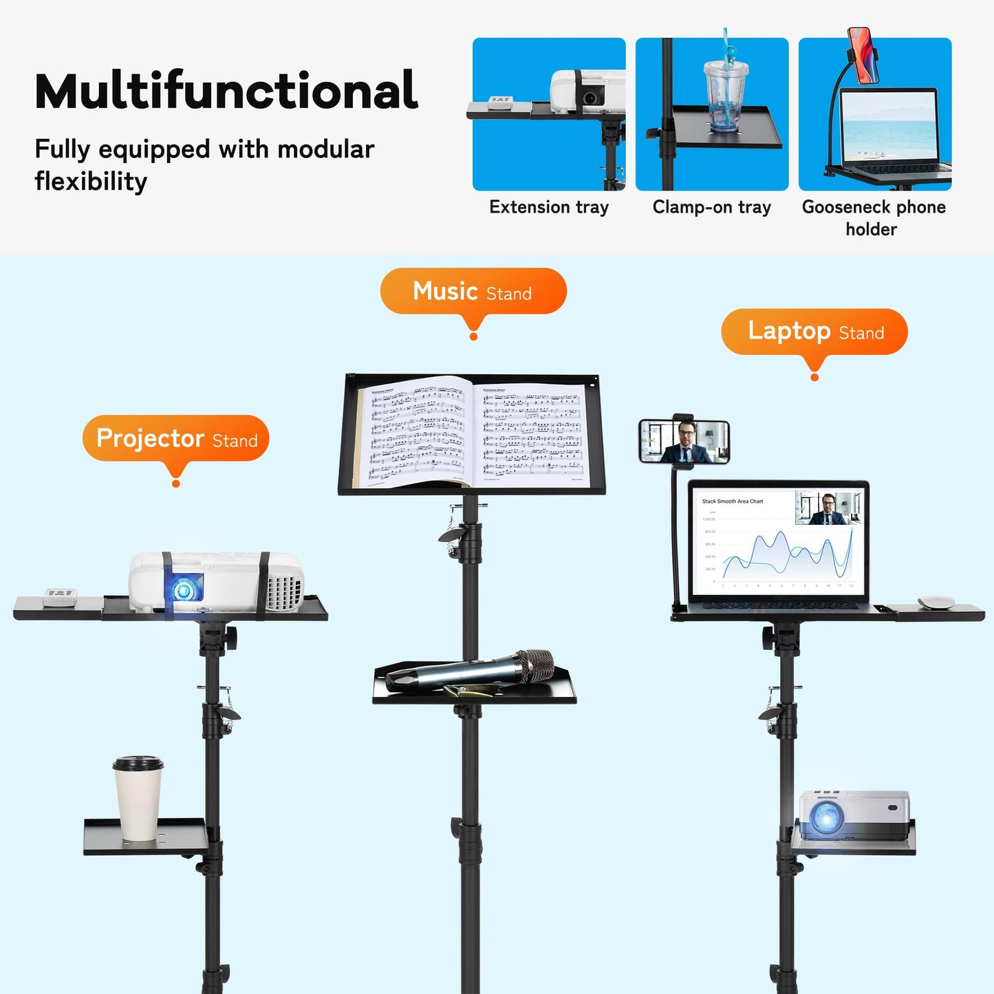 CAHAYA Projector Tripod Stand with Casters: Projector Stand 71-137cm Height Adjustable Multifunctional Universal Laptop Stand DJ Rack Stand with Adjustable Height for Meeting Room DJ Equipment