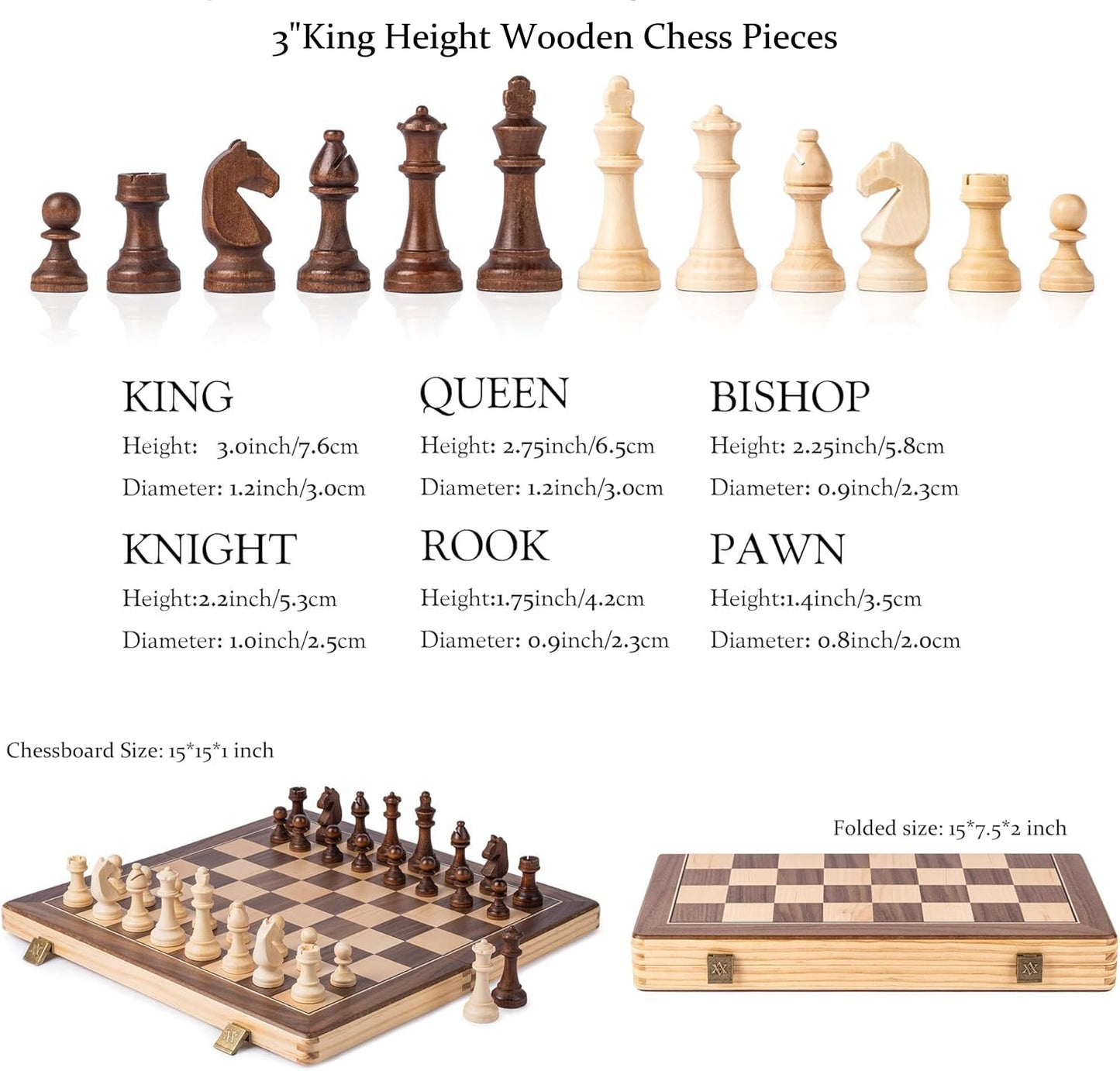 A&A 15" Wooden Chess Set/Folding Board / 3" King Height German Knight Staunton Chess Pieces/Walnut & Maple Inlaid /2 Extra Queen