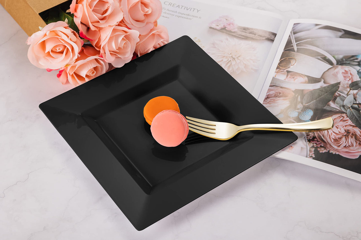 BloominGoods Plastic Disposable Square Dessert Plates | 50-Pack 6.5 inches Black Appetizer/Salad Square Plates | Ideal for Weddings, Parties, Catering | Heavy Duty & Non Toxic