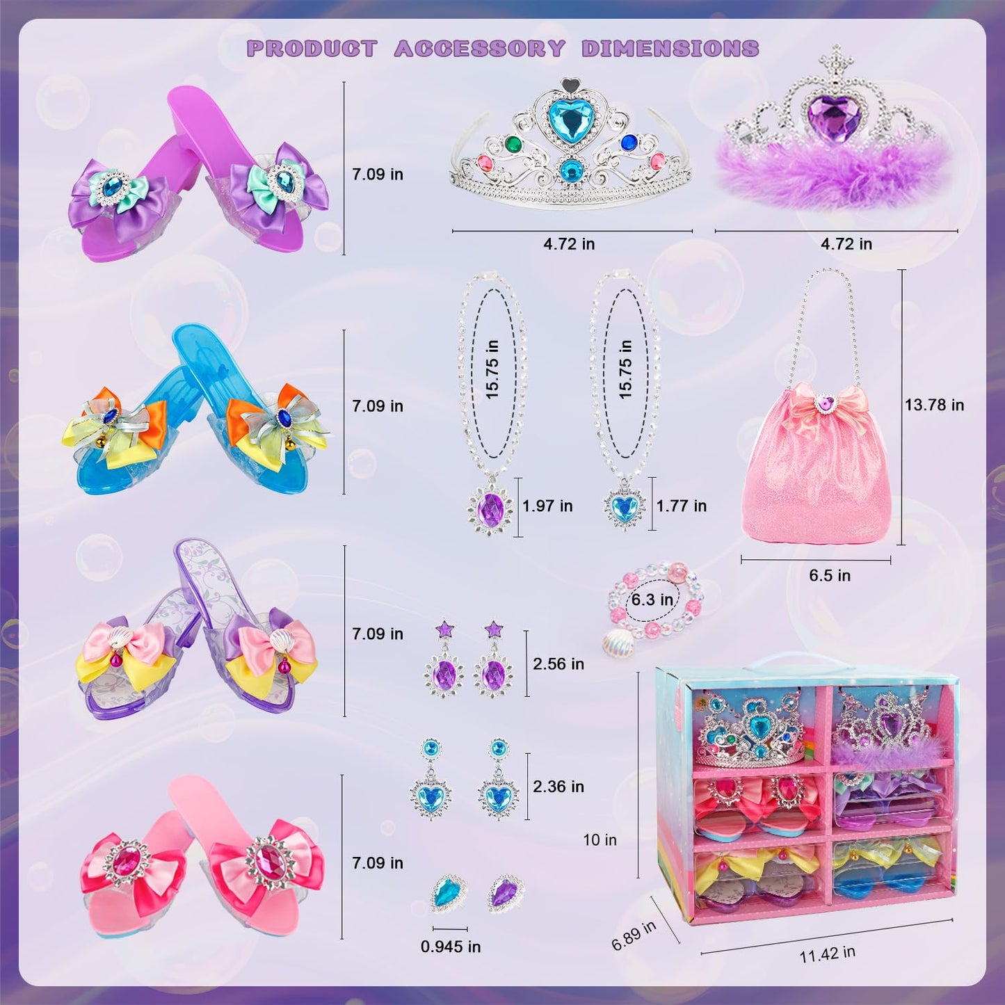 Hechify Princess Dress Up for Girls Ages 3-6, with Crystal Shoes, Crowns, Necklaces, Earrings, Rings, Bracelet and Handbag, Multicolour, Princess Toys for Kids Birthday Gift