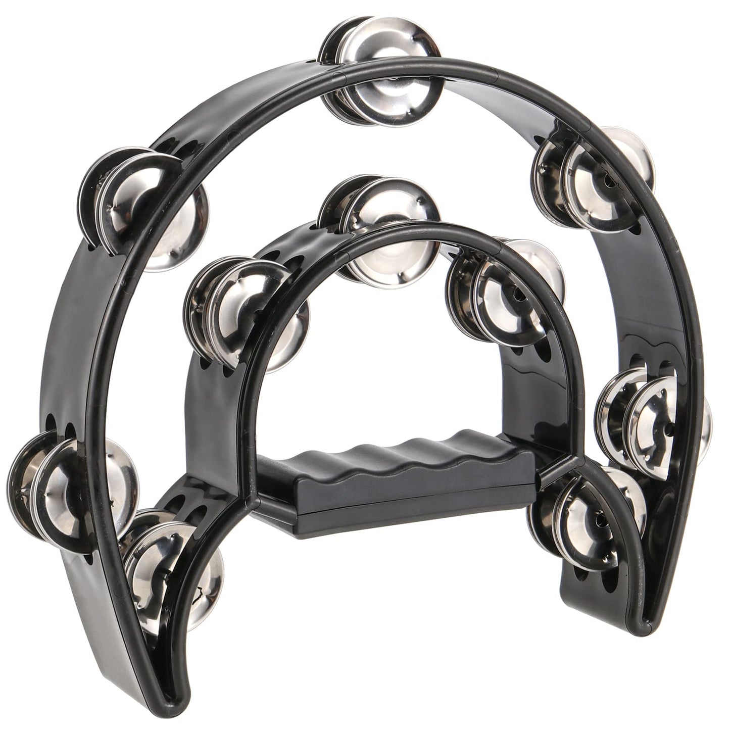 SINJEUN 4 Pack 10 Inch Double Row Tambourine, Metal Jingles Hand Held Percussion with Ergonomic Handle, 4 Colors Half Moon Musical Tambourine for Beginner, Church, KTV, Party