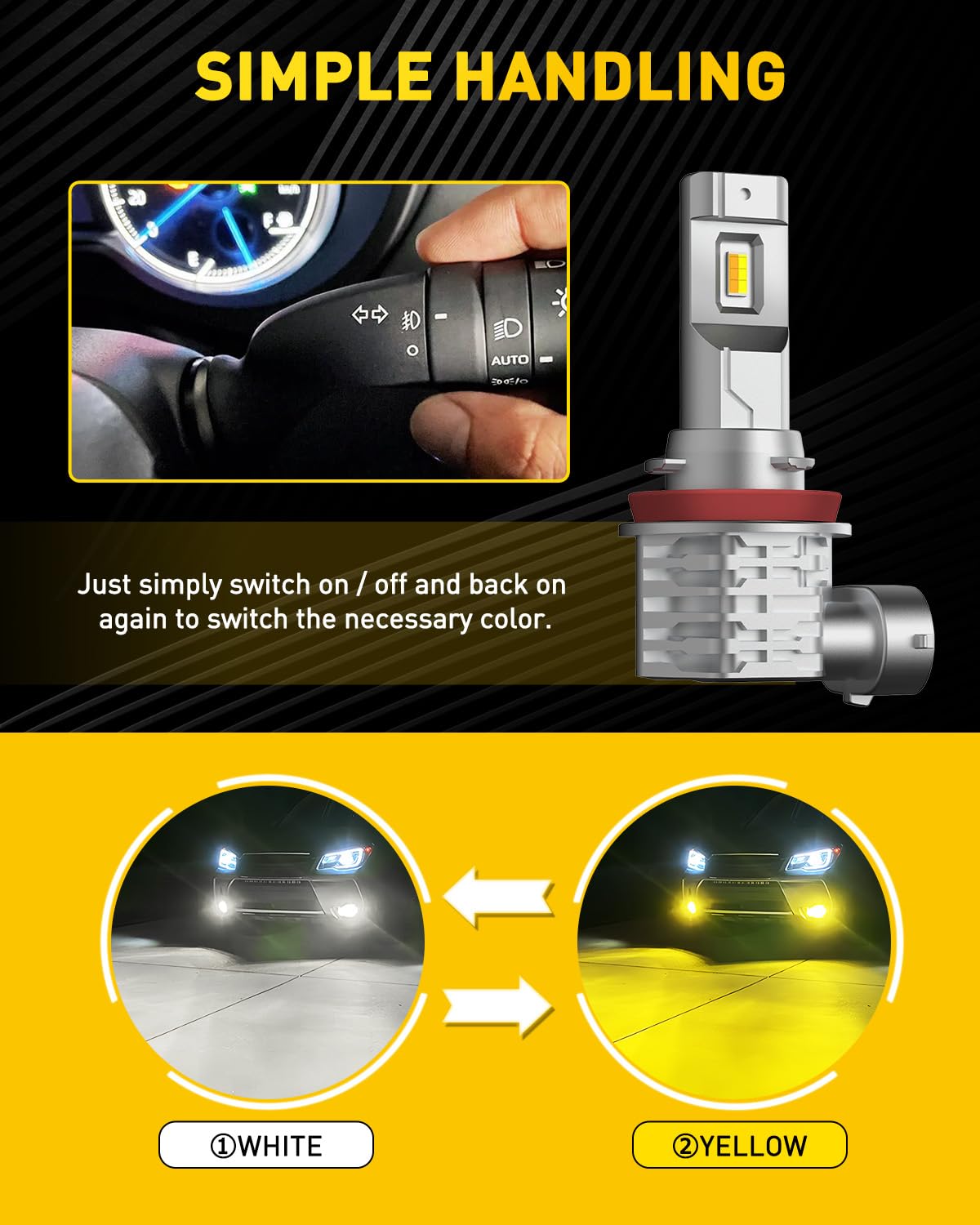 AUXITO H11 H8 H16 Switchback LED Fog Light Bulbs, 6500K White/3000K Amber Yellow, 8000LM 500% Brightness, Dual Color White Yellow Driving Fog Lights, Non-polarity, Pack of 2