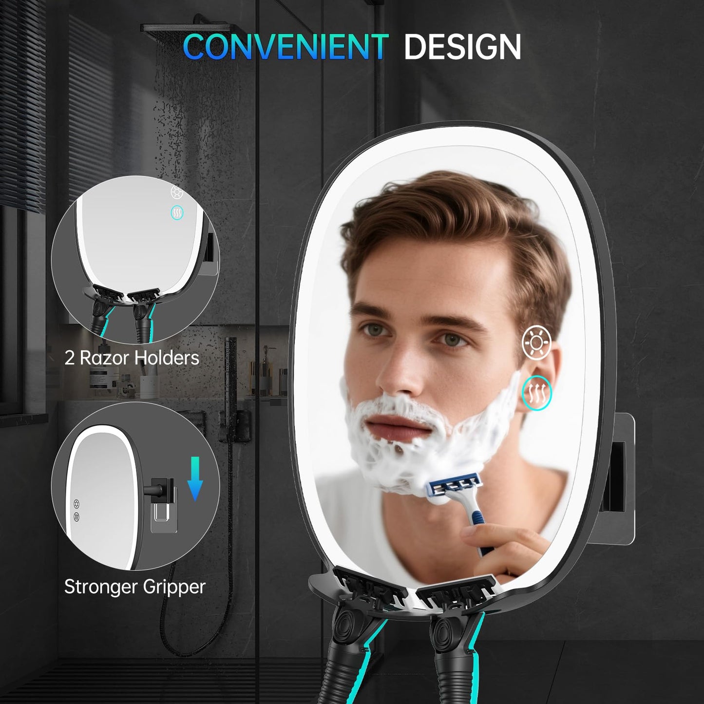 COSMIRROR Heated Shower Mirror Fogless for Shaving, Lighted with 3 Color Modes, Dimming, Rechargeable, Anti-Fog, 360°Rotation, 8.5L x 6.7W inches, Wall Mount