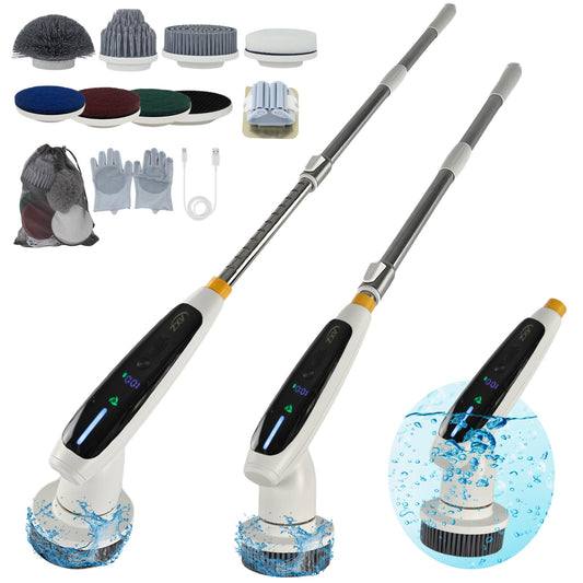 AXZ Electric Spin Scrubber, 2025 New Full-Body IPX7 Waterproof Quite Cordless Bathroom & Kitchen Cleaning Brush with 8 Replaceable Heads, 2 Speeds, Adjustable Handle for Floor, Bathtub, Tiles (White)