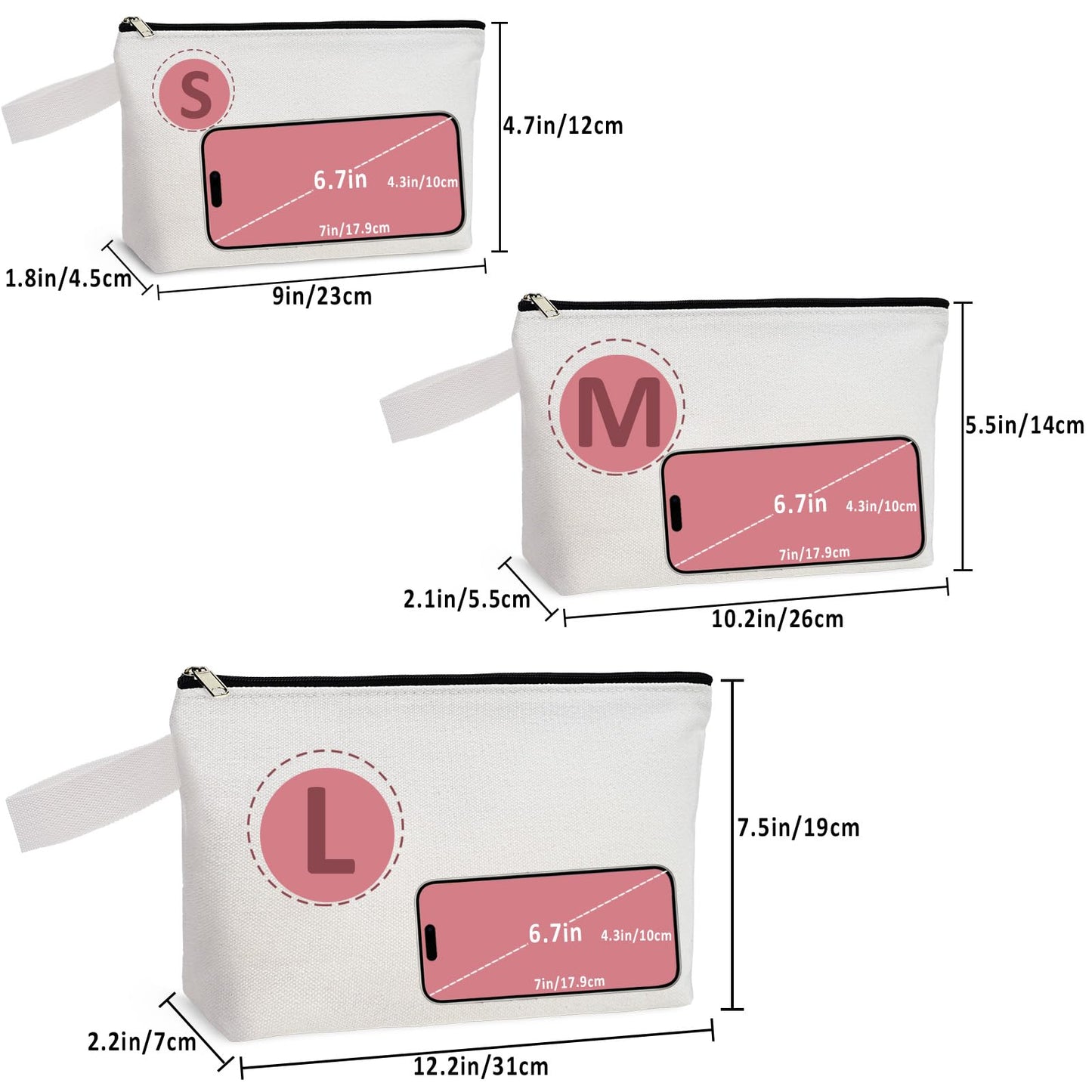 20 Pack 12Oz Blank Makeup Bags with Bottom and Strap, KOOLMOX Multi-Purpose Large Canvas Zipper Toiletry Organization Pouch Blank Bag for HTV Crafts (White Bag w/Black Zipper, L, 12.2x7.4X 2.7'')